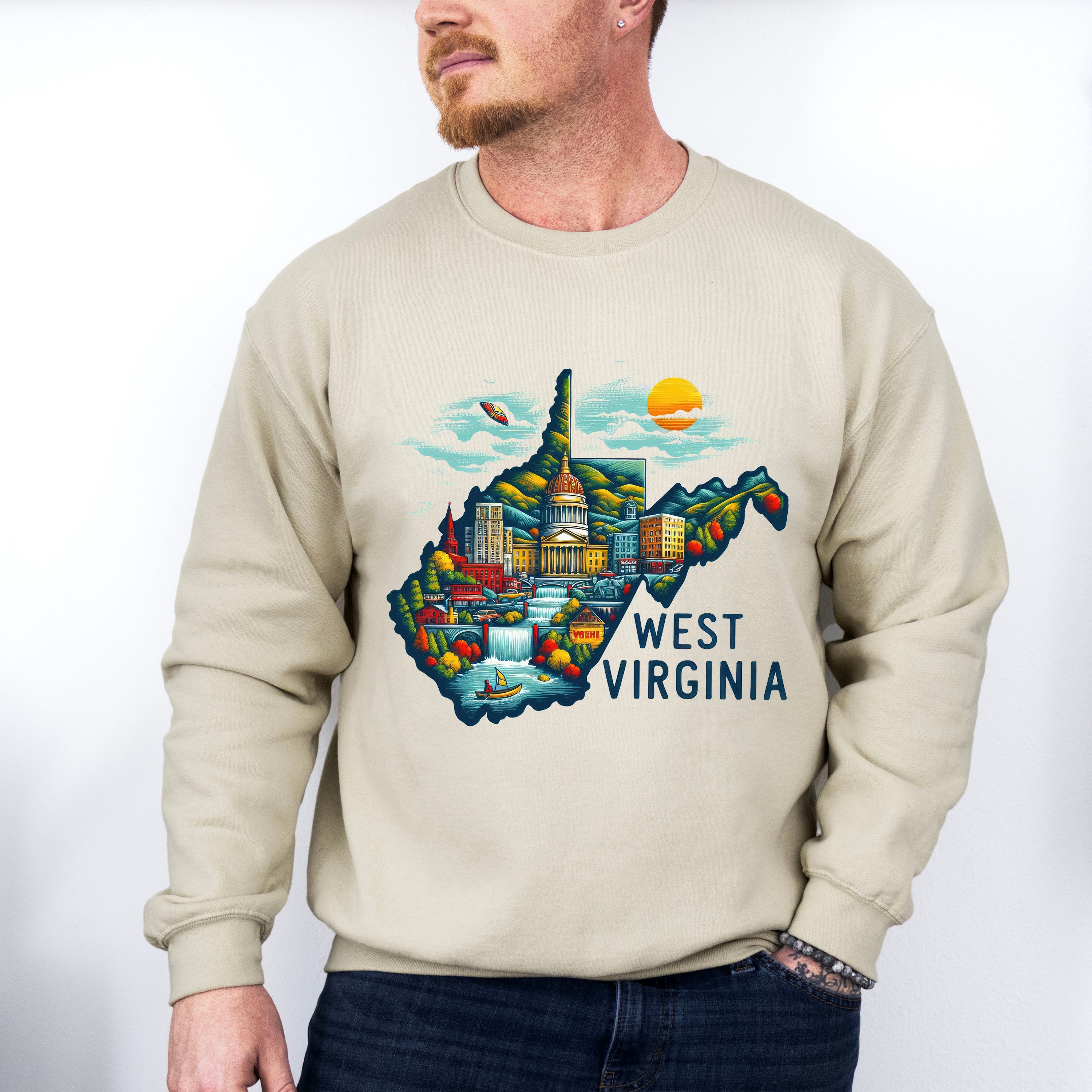 Colorful West Virginia State Design - States &amp; Cities Unisex Crewneck T-Shirt Sweatshirt Hoodie