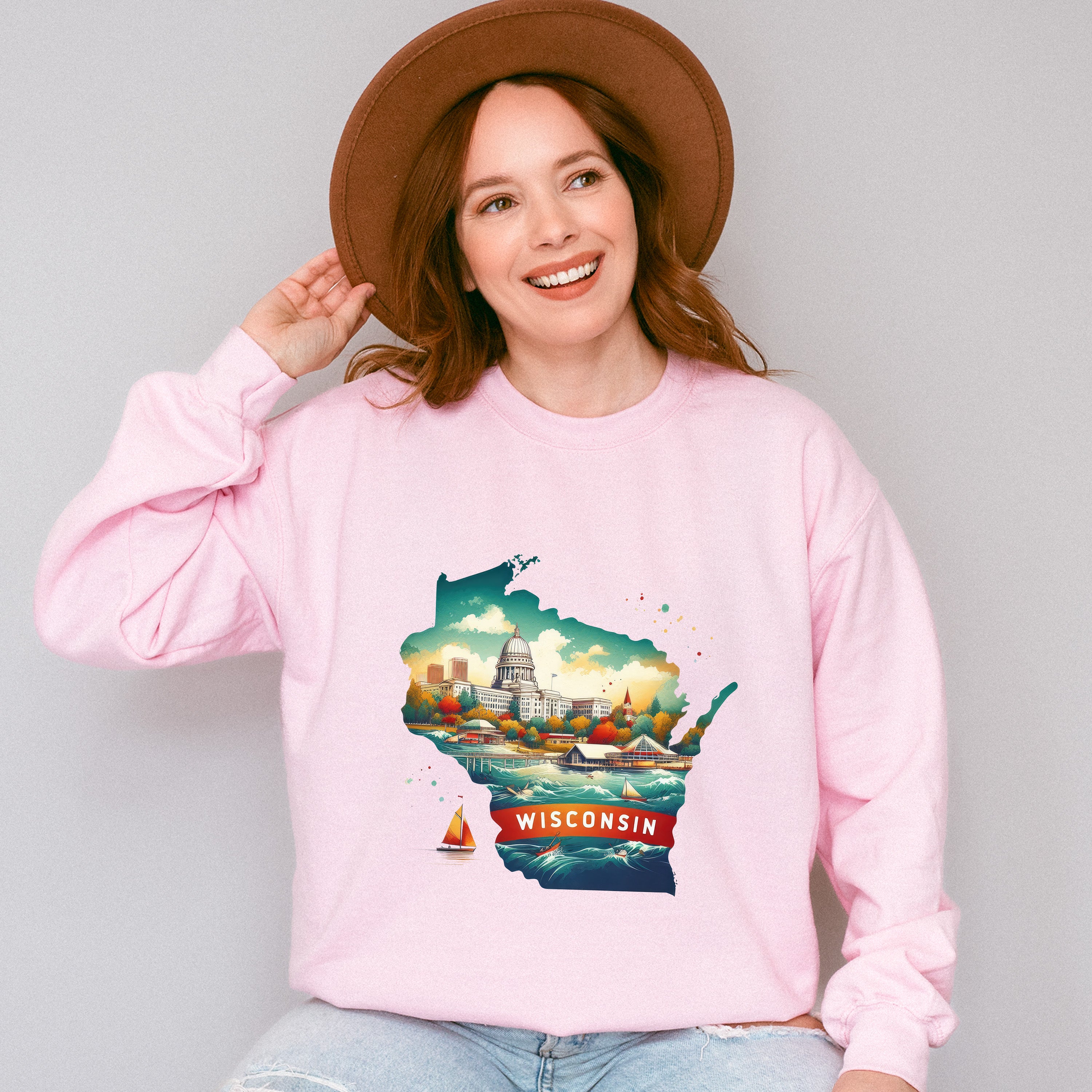 Colorful Wisconsin State Design - States &amp; Cities Unisex Crewneck T-Shirt Sweatshirt Hoodie