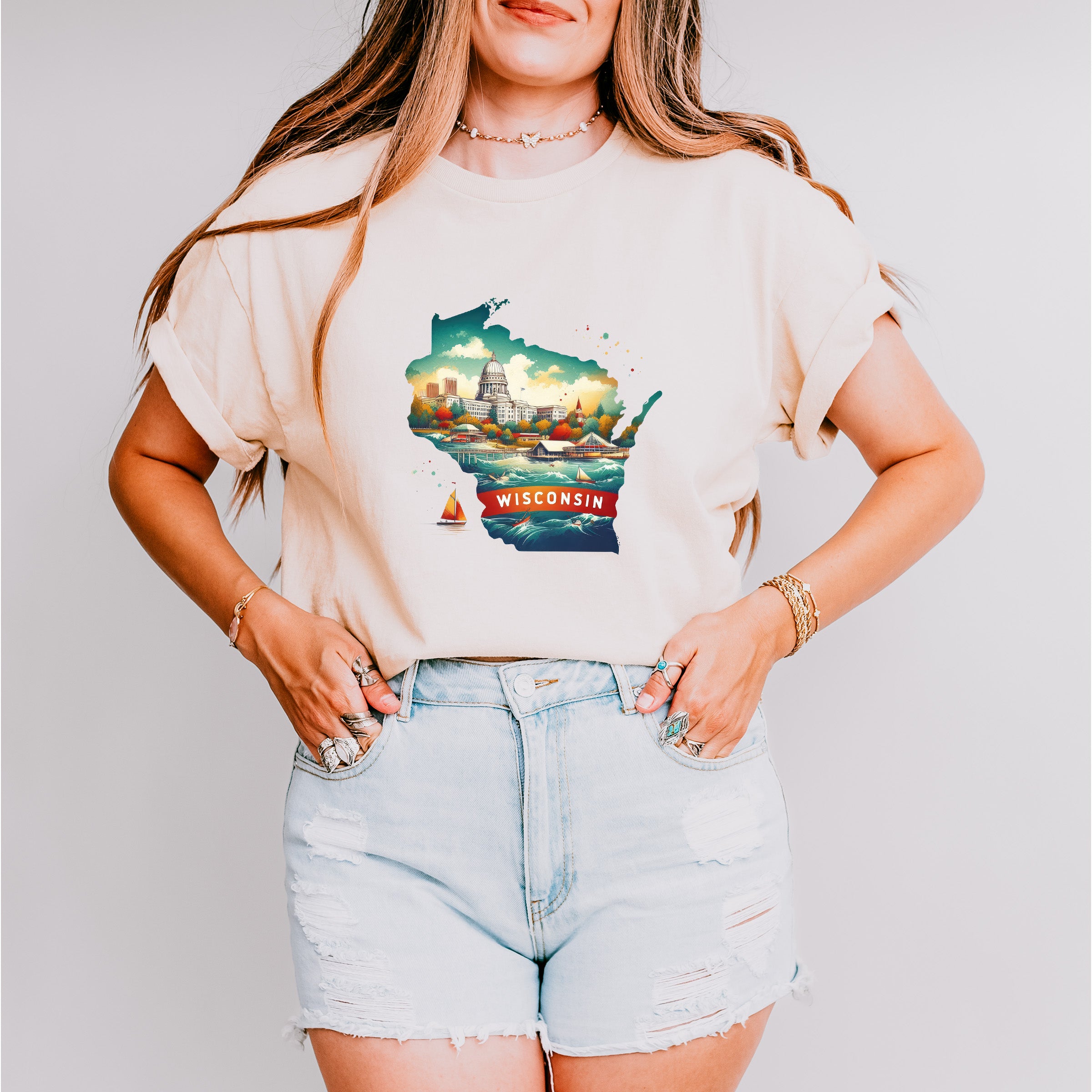 Colorful Wisconsin State Design - States &amp; Cities Unisex Crewneck T-Shirt Sweatshirt Hoodie