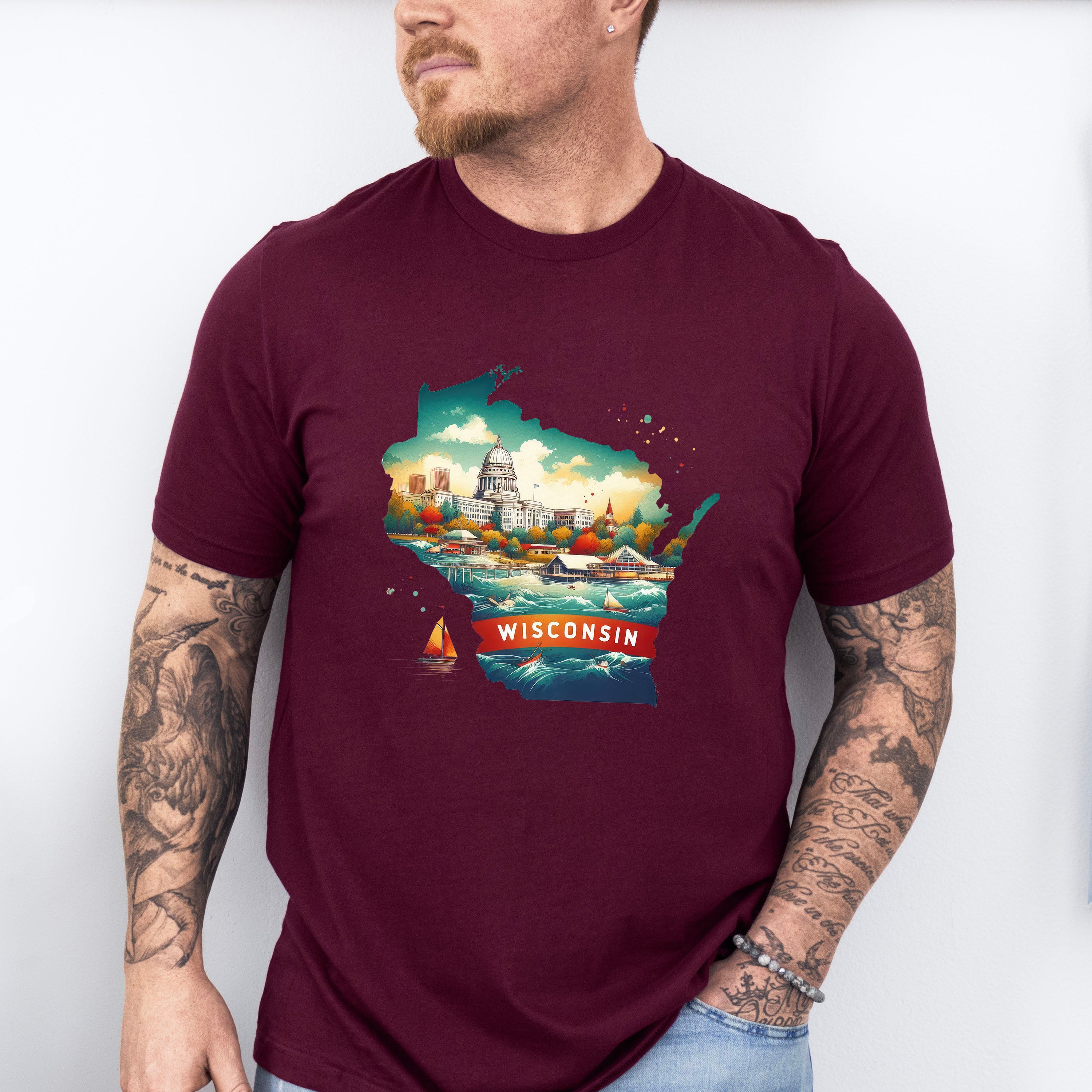 Colorful Wisconsin State Design - States &amp; Cities Unisex Crewneck T-Shirt Sweatshirt Hoodie