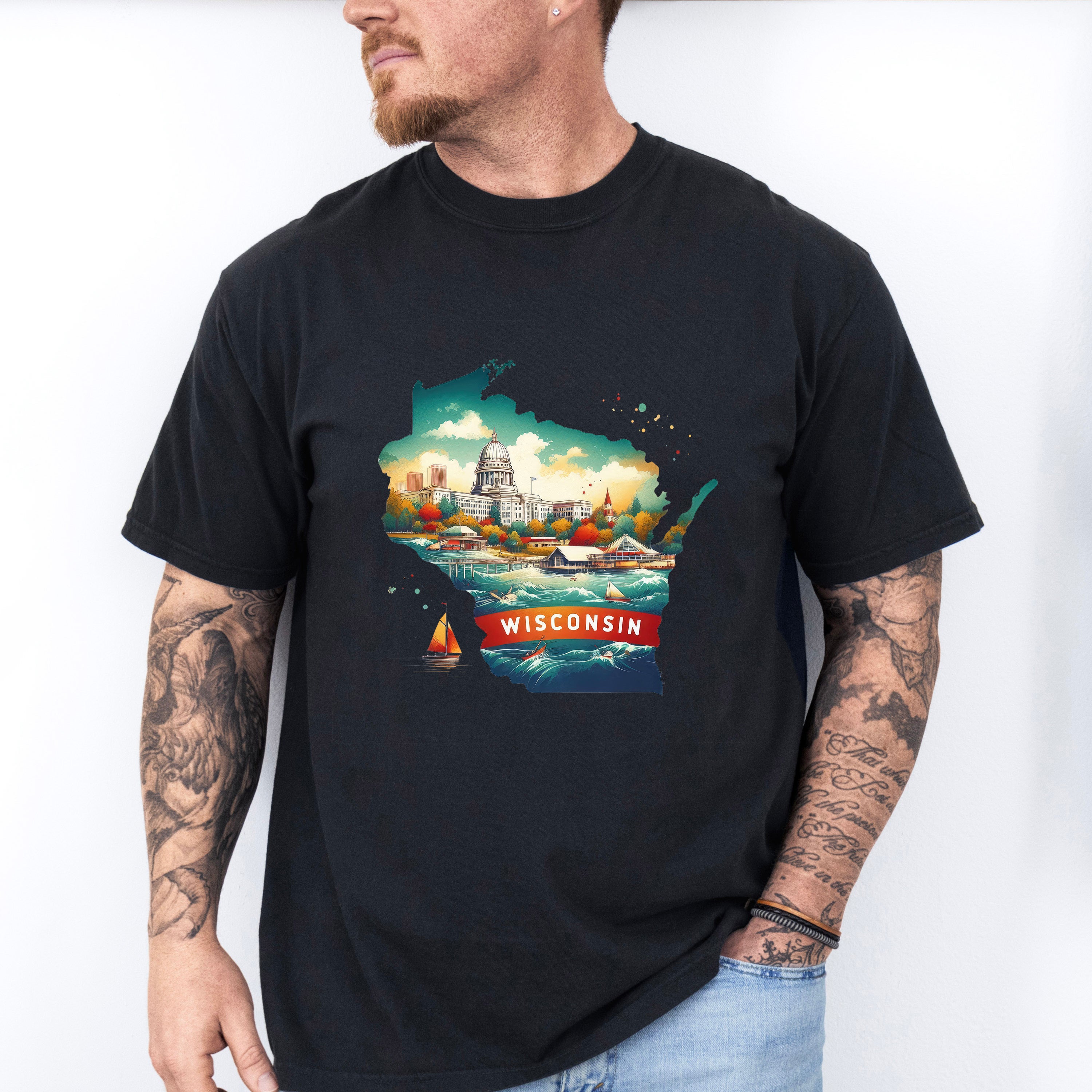 Colorful Wisconsin State Design - States &amp; Cities Unisex Crewneck T-Shirt Sweatshirt Hoodie