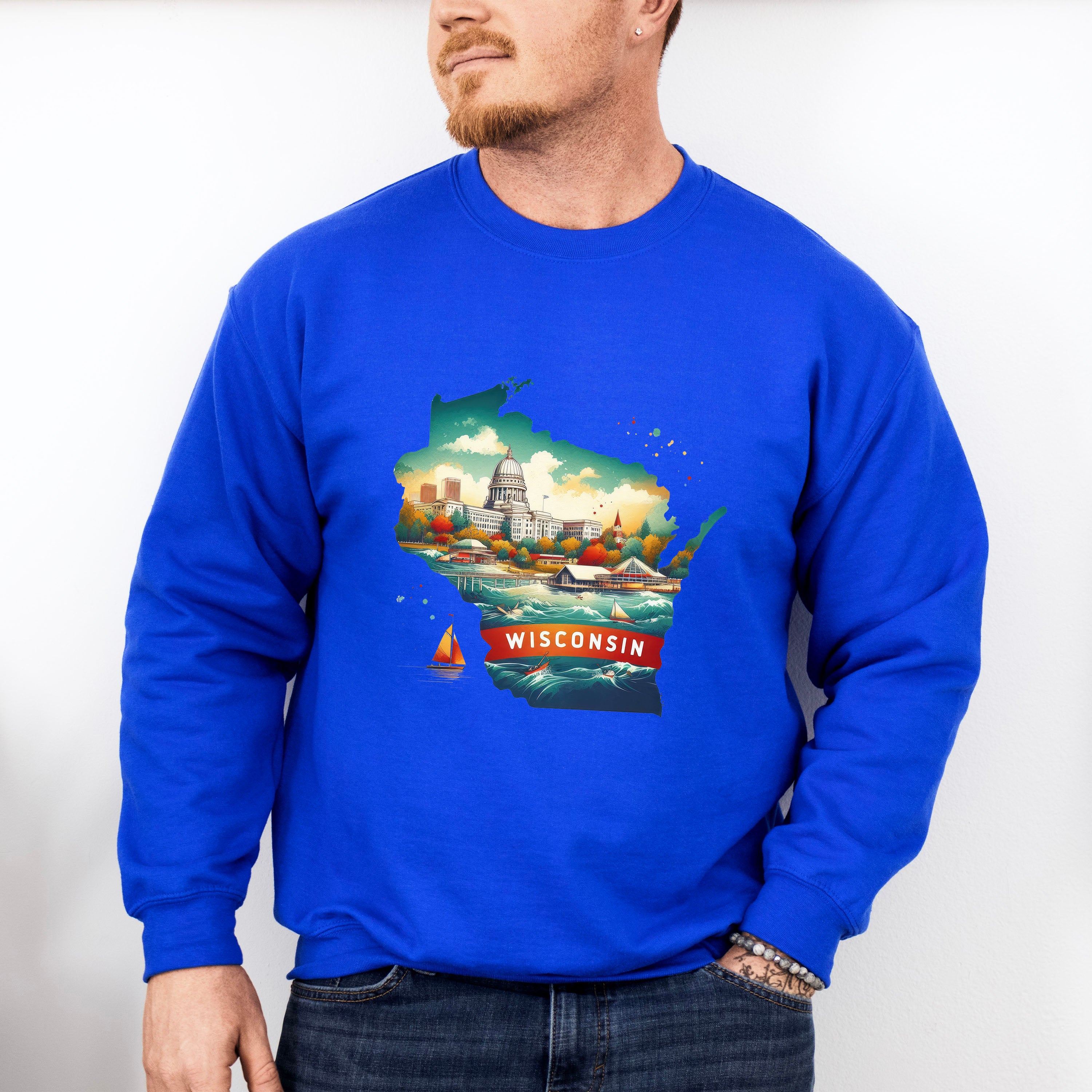 Colorful Wisconsin State Design - States &amp; Cities Unisex Crewneck T-Shirt Sweatshirt Hoodie