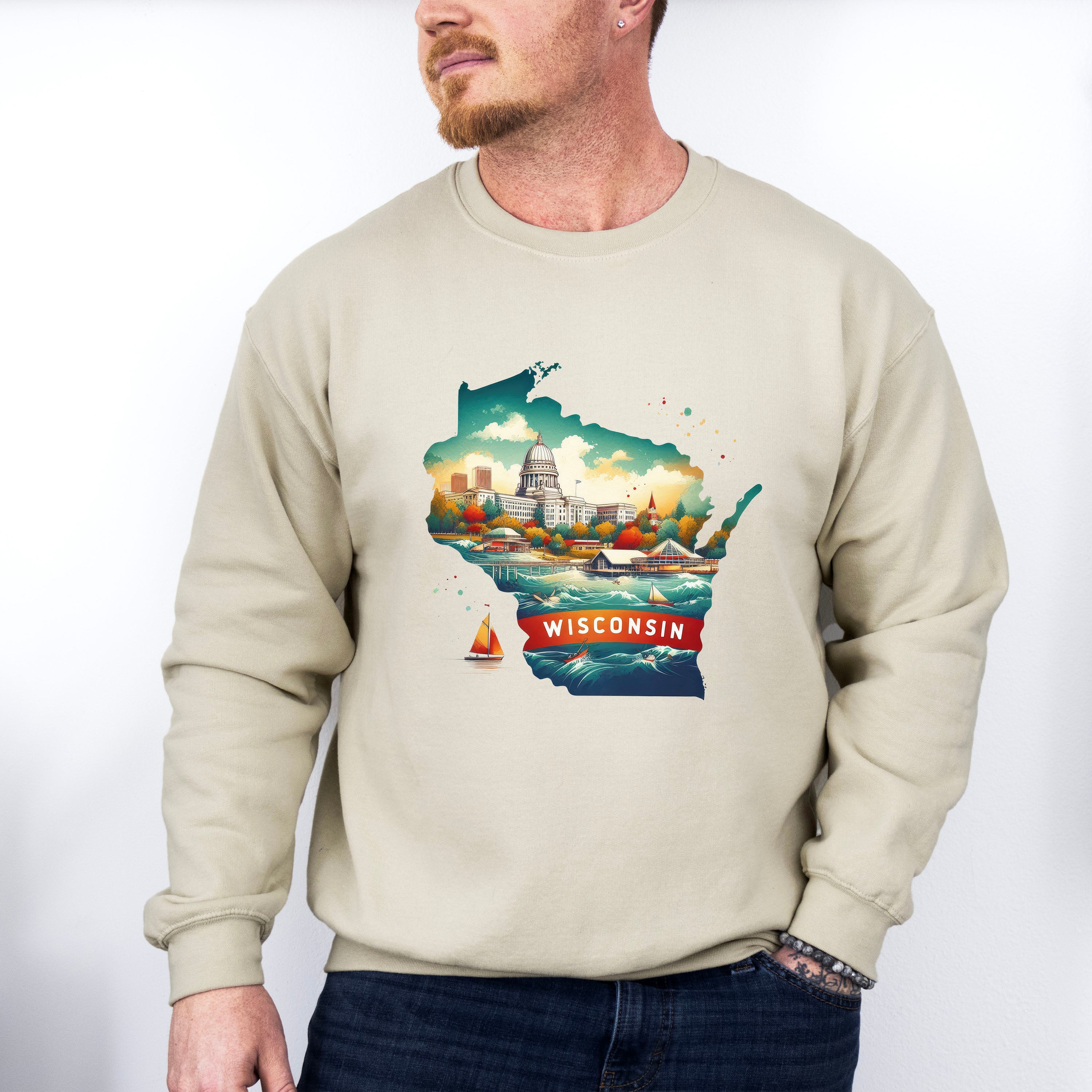 Colorful Wisconsin State Design - States &amp; Cities Unisex Crewneck T-Shirt Sweatshirt Hoodie