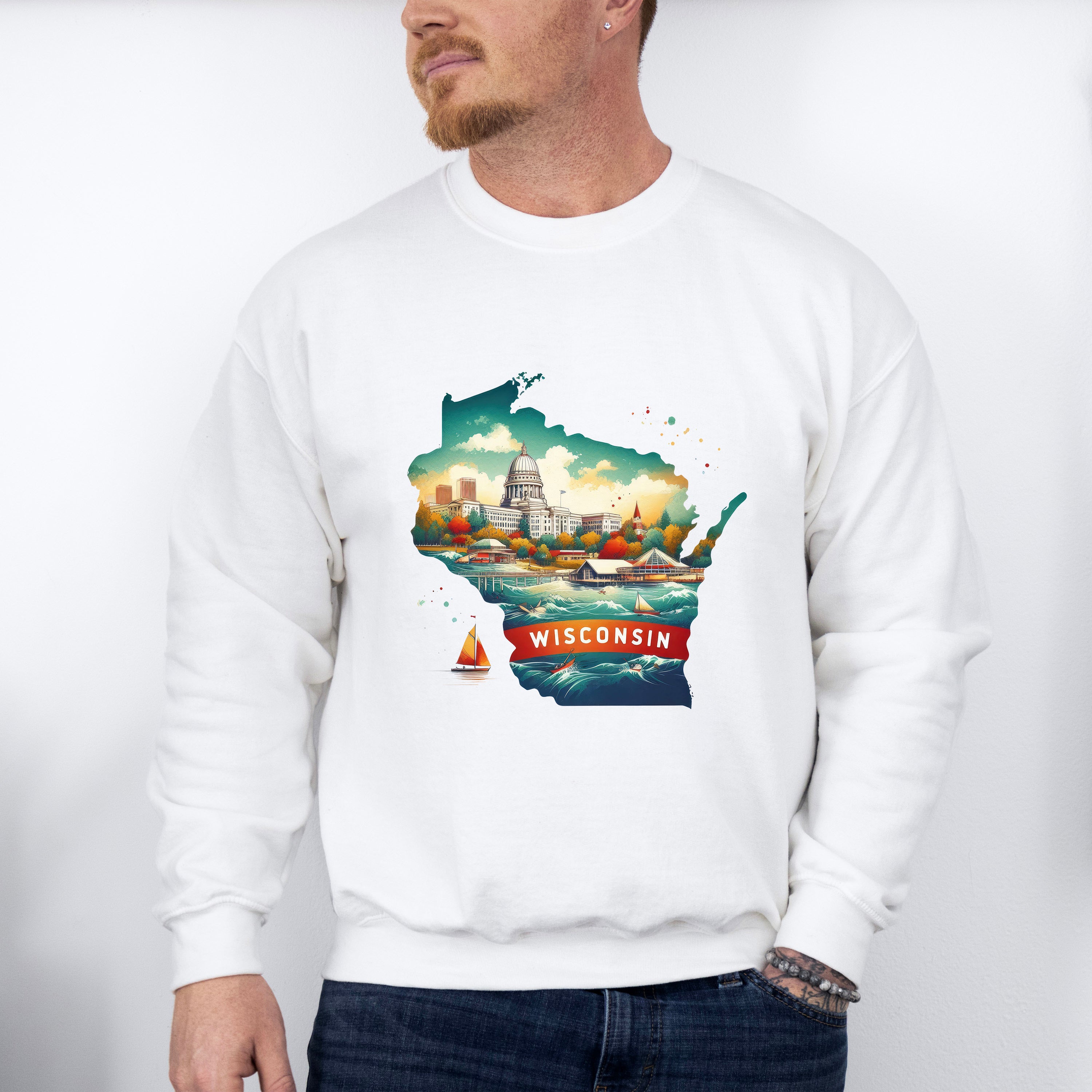 Colorful Wisconsin State Design - States &amp; Cities Unisex Crewneck T-Shirt Sweatshirt Hoodie