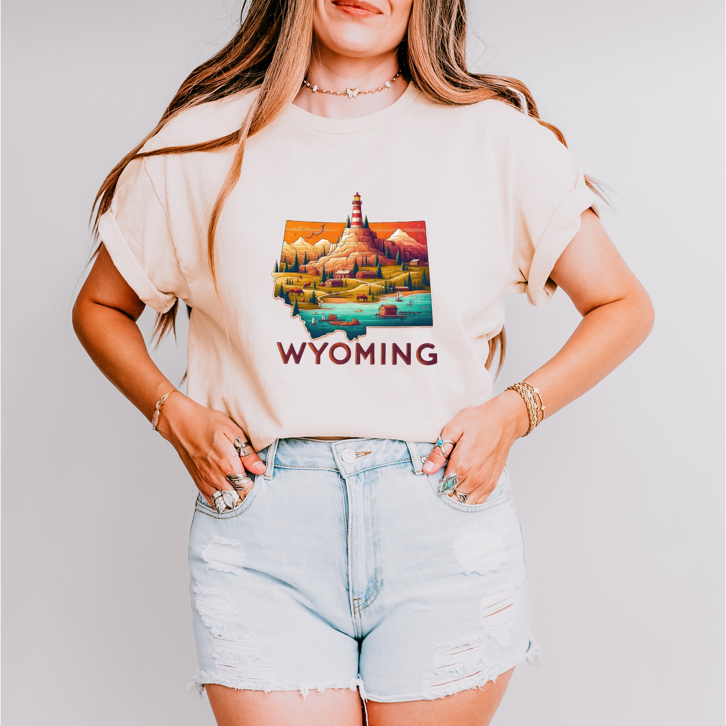 Colorful Wyoming State Design - States &amp; Cities Unisex Crewneck T-Shirt Sweatshirt Hoodie