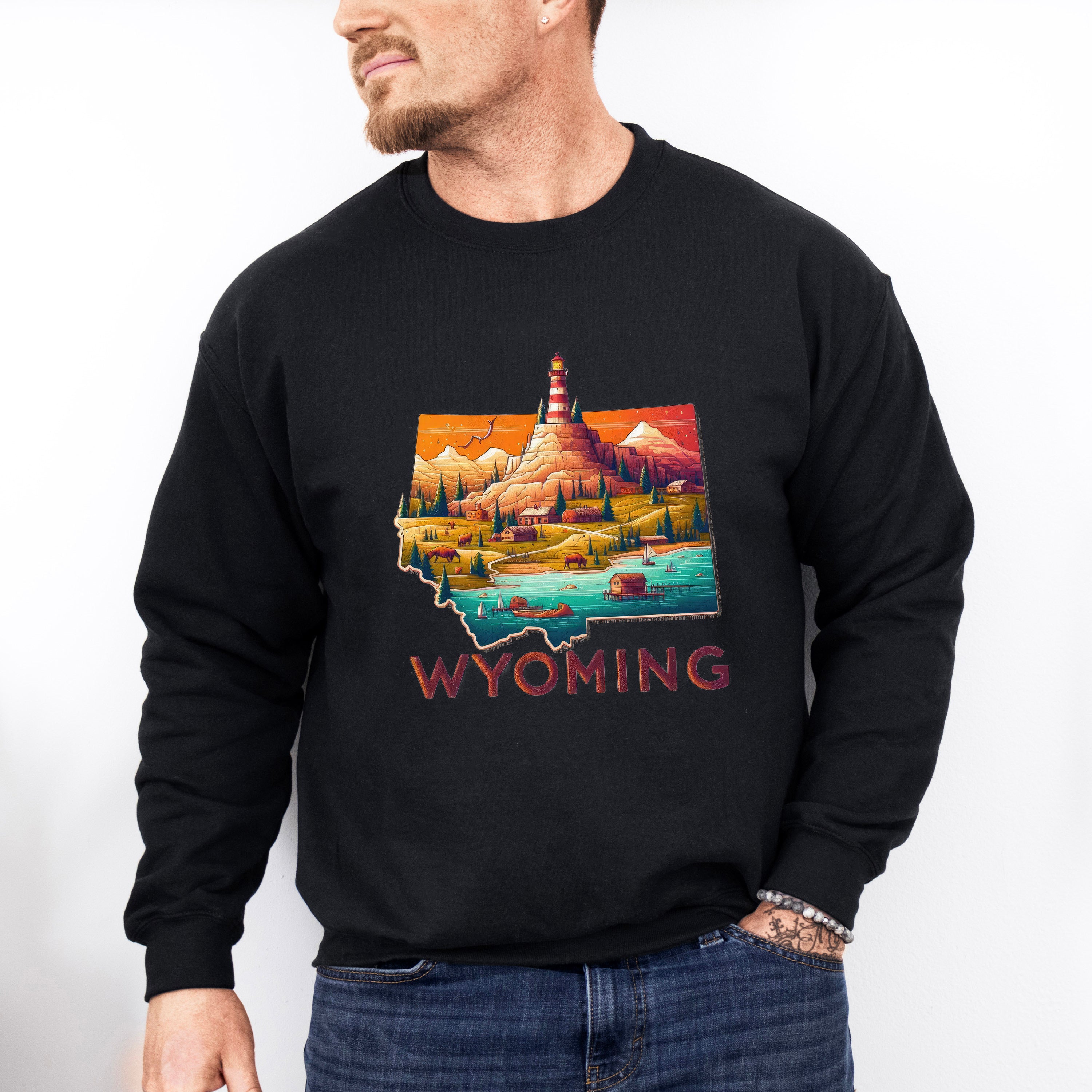 Colorful Wyoming State Design - States &amp; Cities Unisex Crewneck T-Shirt Sweatshirt Hoodie