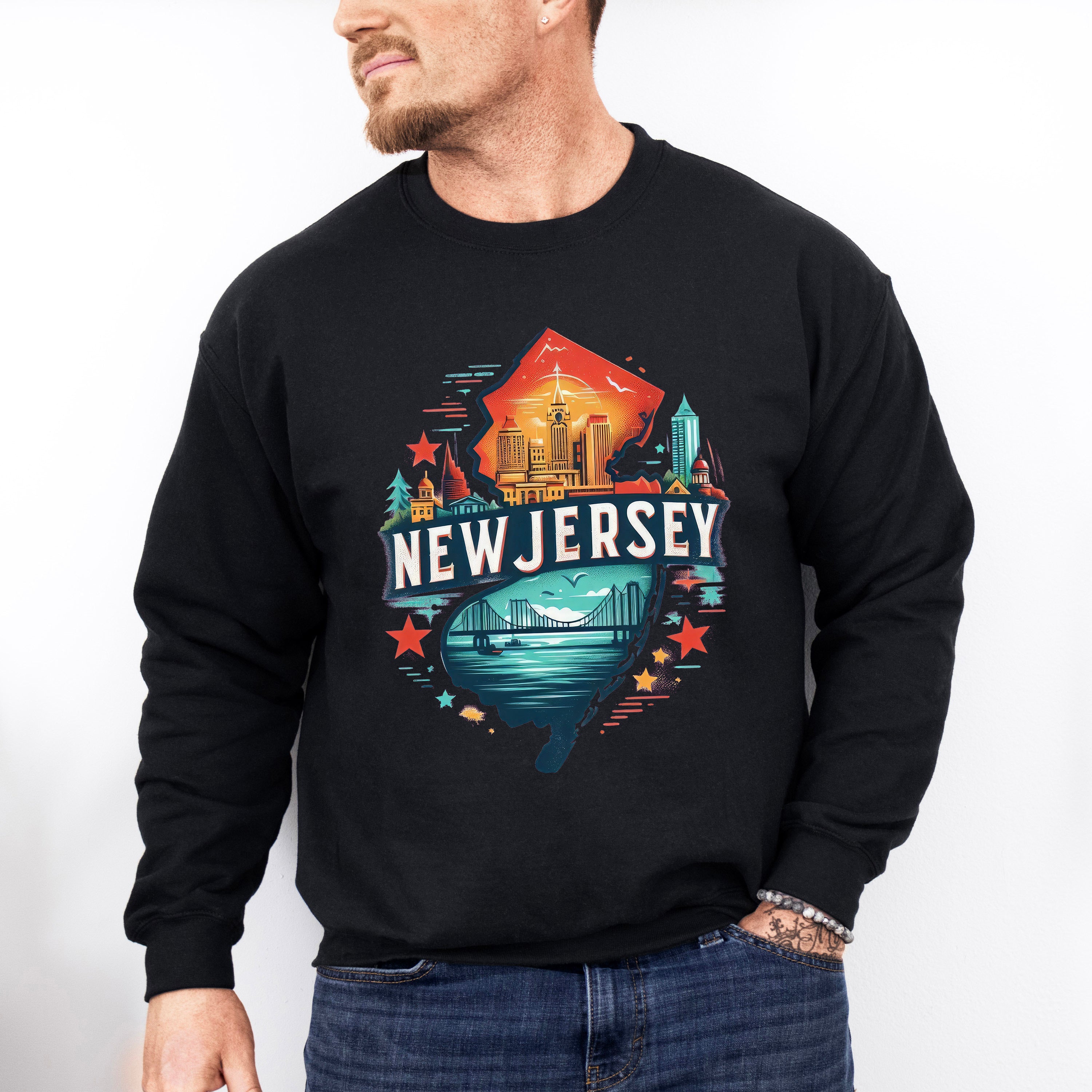 Colorful New Jersey State Design - States &amp; Cities Unisex Crewneck T-Shirt Sweatshirt Hoodie