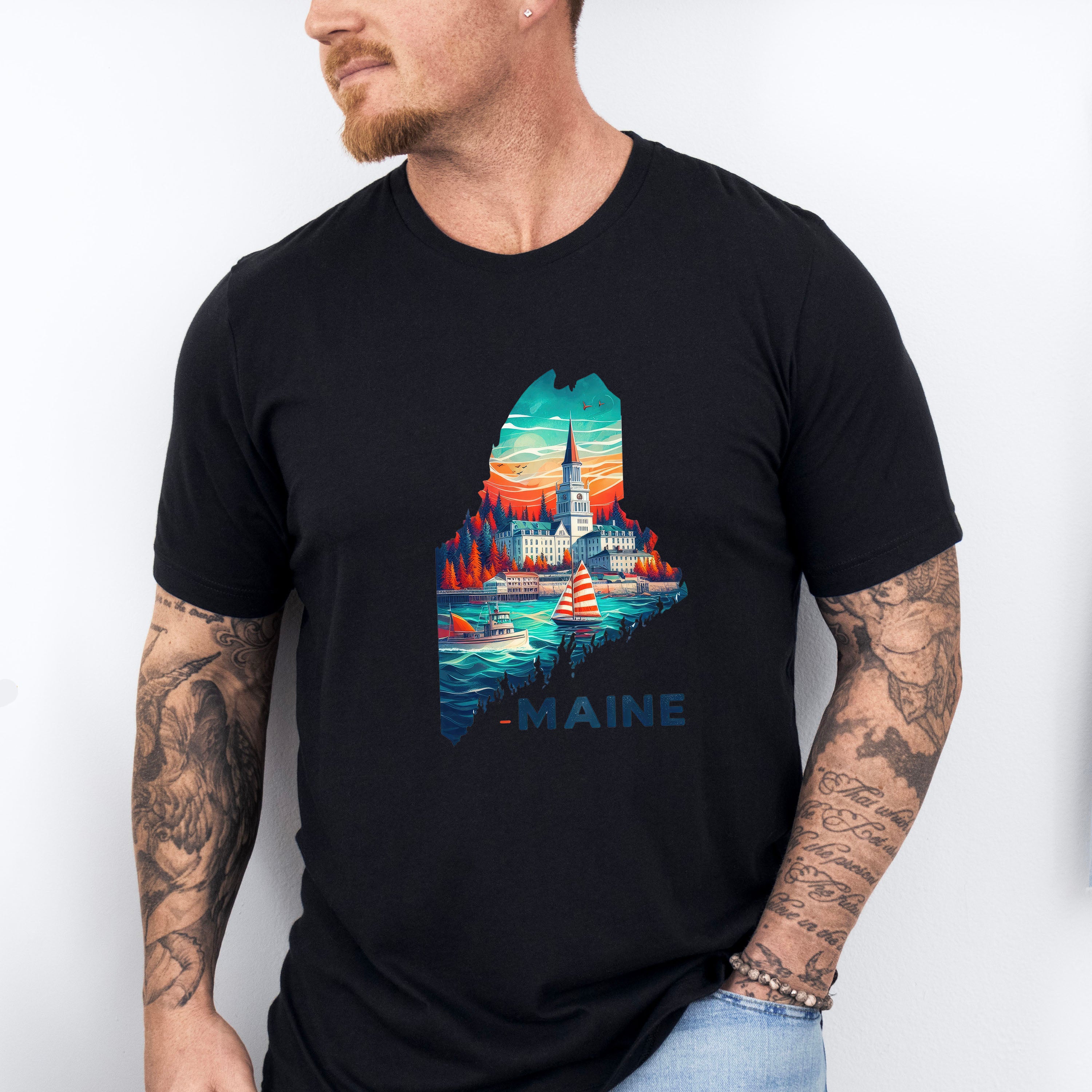 Colorful Maine State Design - States &amp; Cities Unisex Crewneck T-Shirt Sweatshirt Hoodie