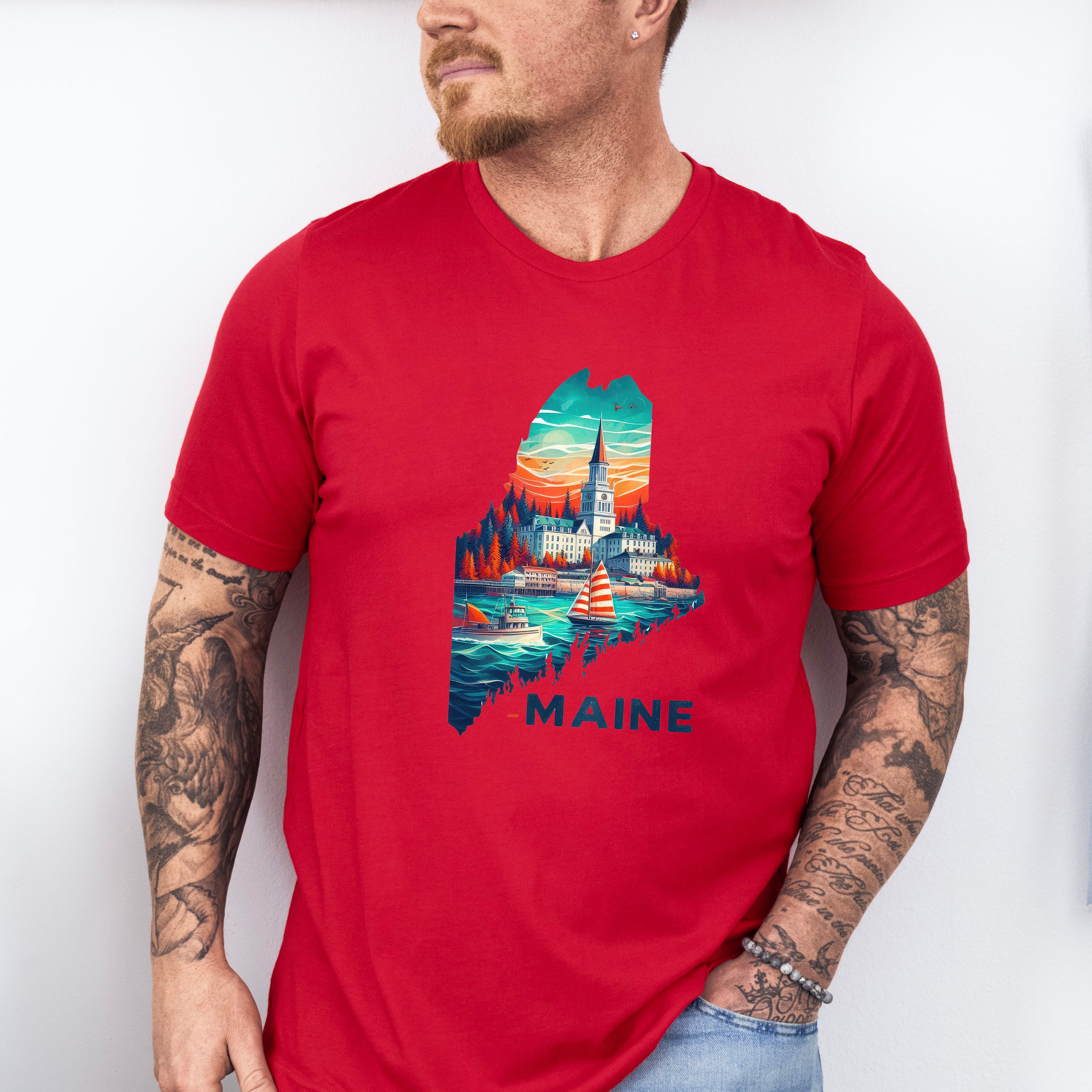 Colorful Maine State Design - States &amp; Cities Unisex Crewneck T-Shirt Sweatshirt Hoodie