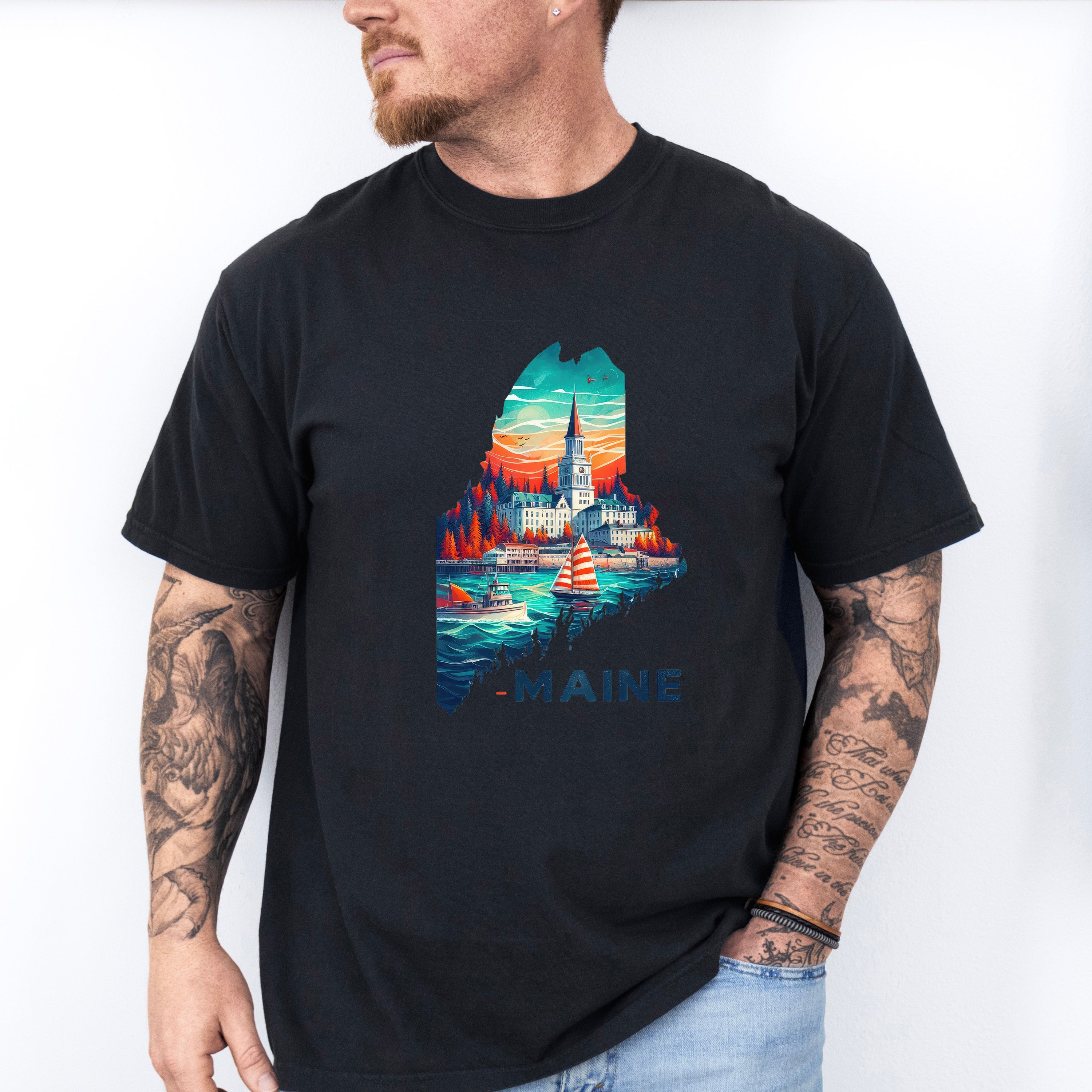 Colorful Maine State Design - States &amp; Cities Unisex Crewneck T-Shirt Sweatshirt Hoodie