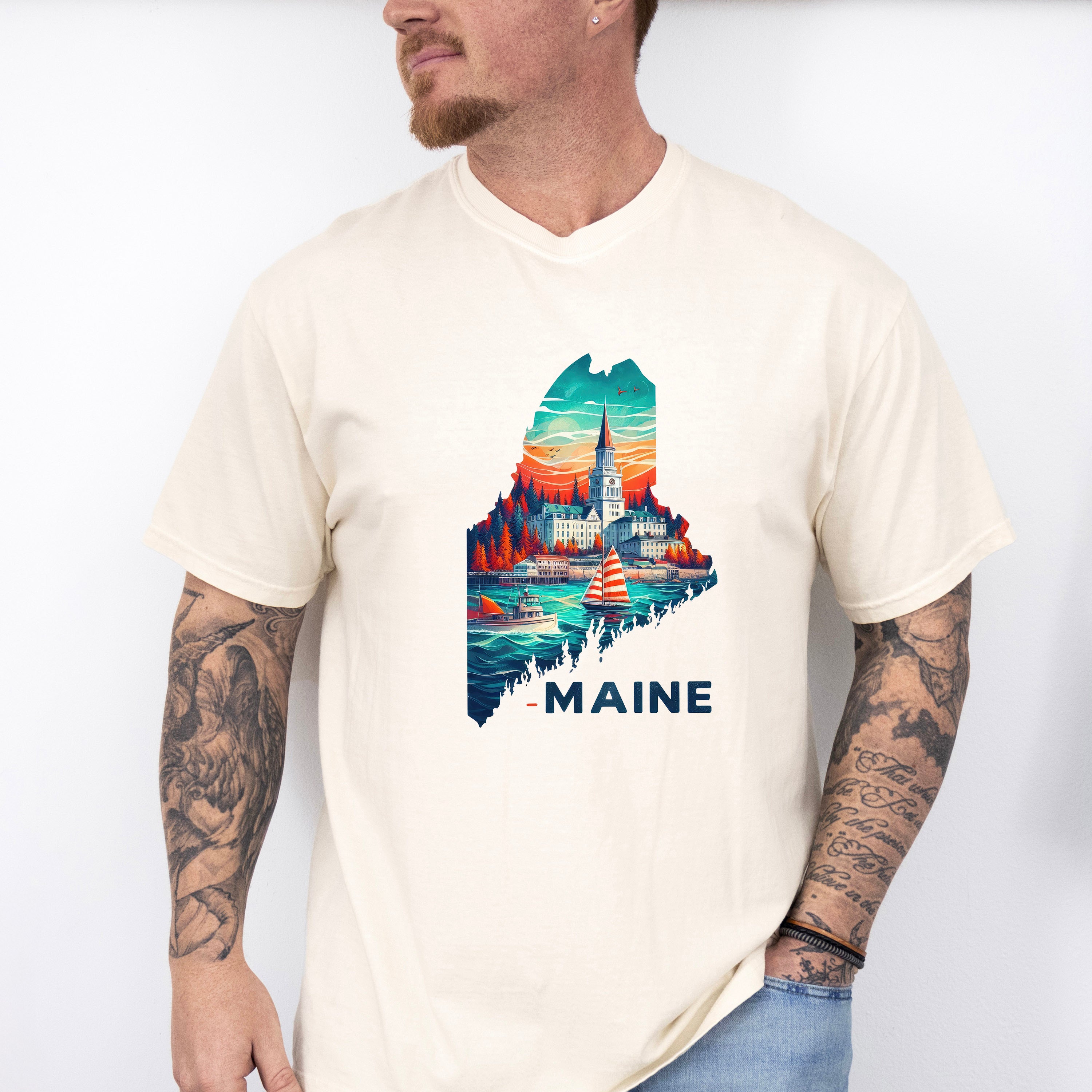 Colorful Maine State Design - States &amp; Cities Unisex Crewneck T-Shirt Sweatshirt Hoodie