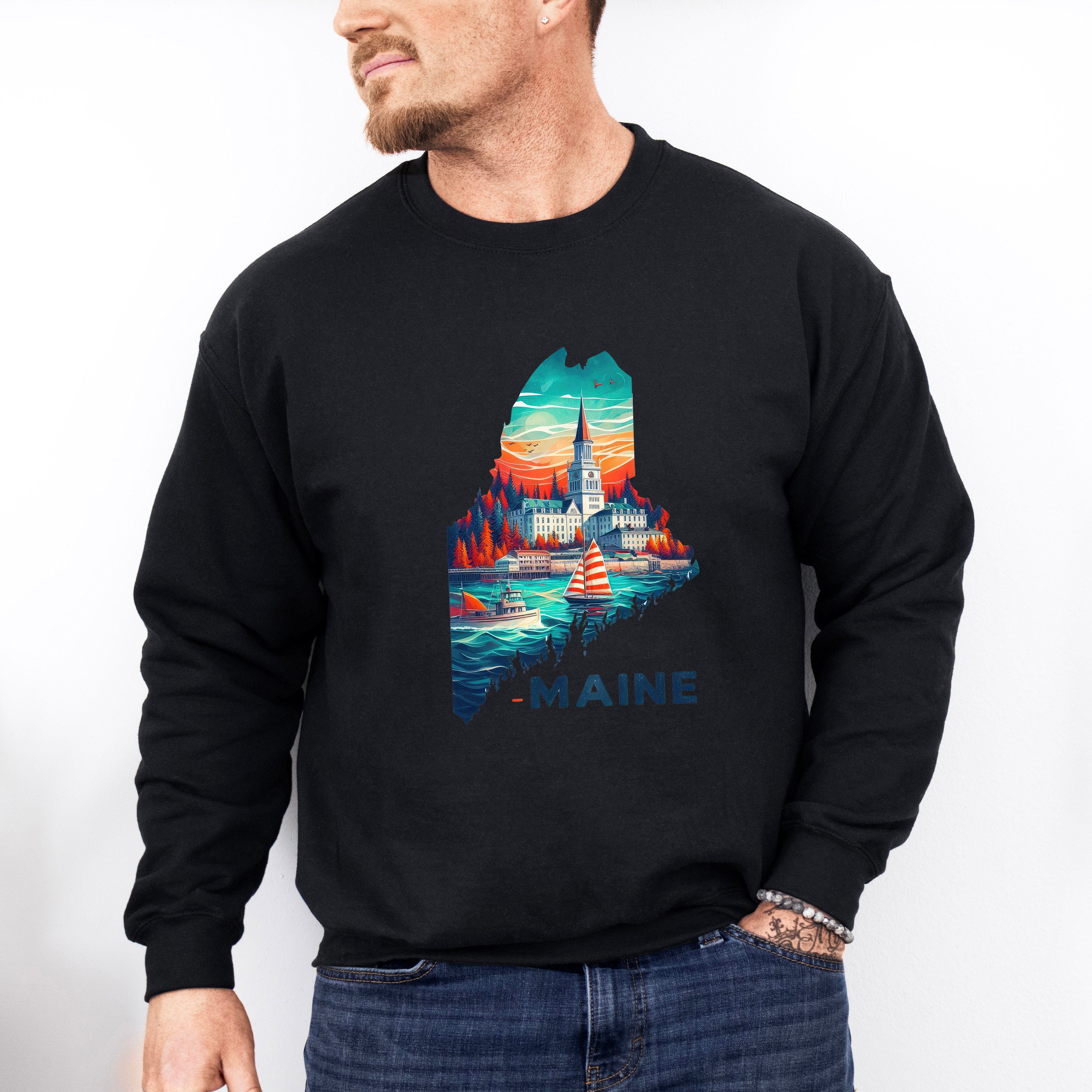 Colorful Maine State Design - States &amp; Cities Unisex Crewneck T-Shirt Sweatshirt Hoodie