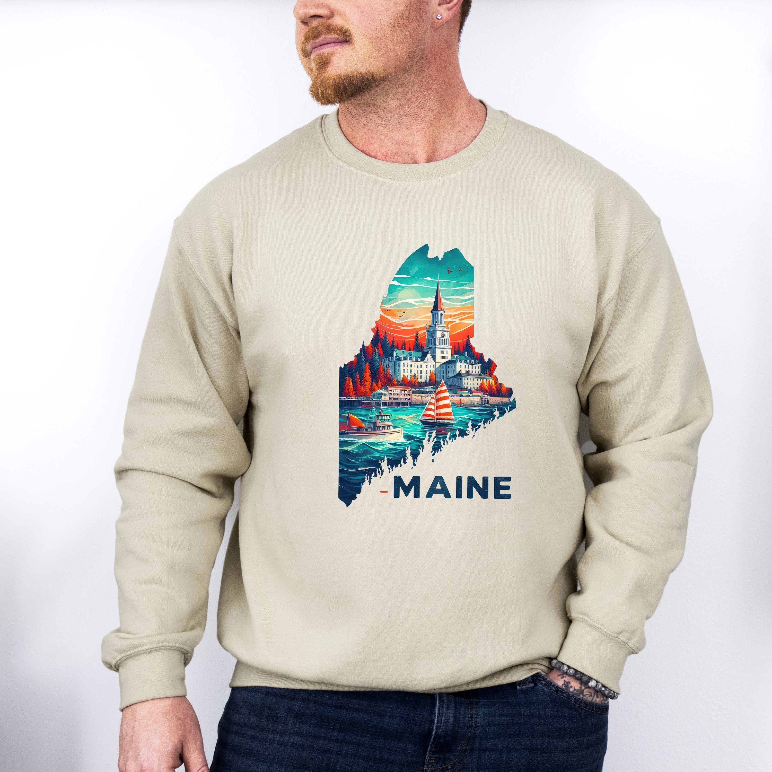 Colorful Maine State Design - States &amp; Cities Unisex Crewneck T-Shirt Sweatshirt Hoodie