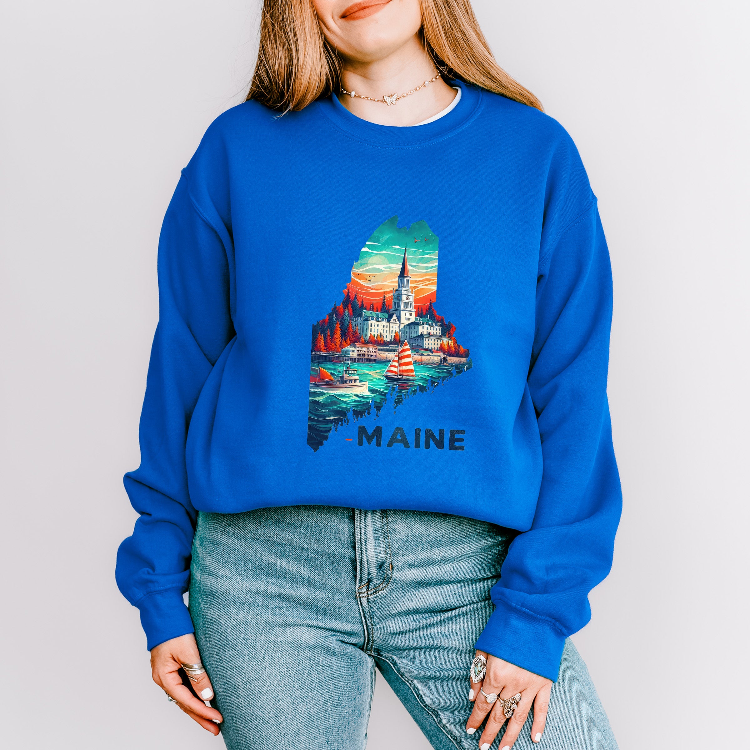 Colorful Maine State Design - States &amp; Cities Unisex Crewneck T-Shirt Sweatshirt Hoodie