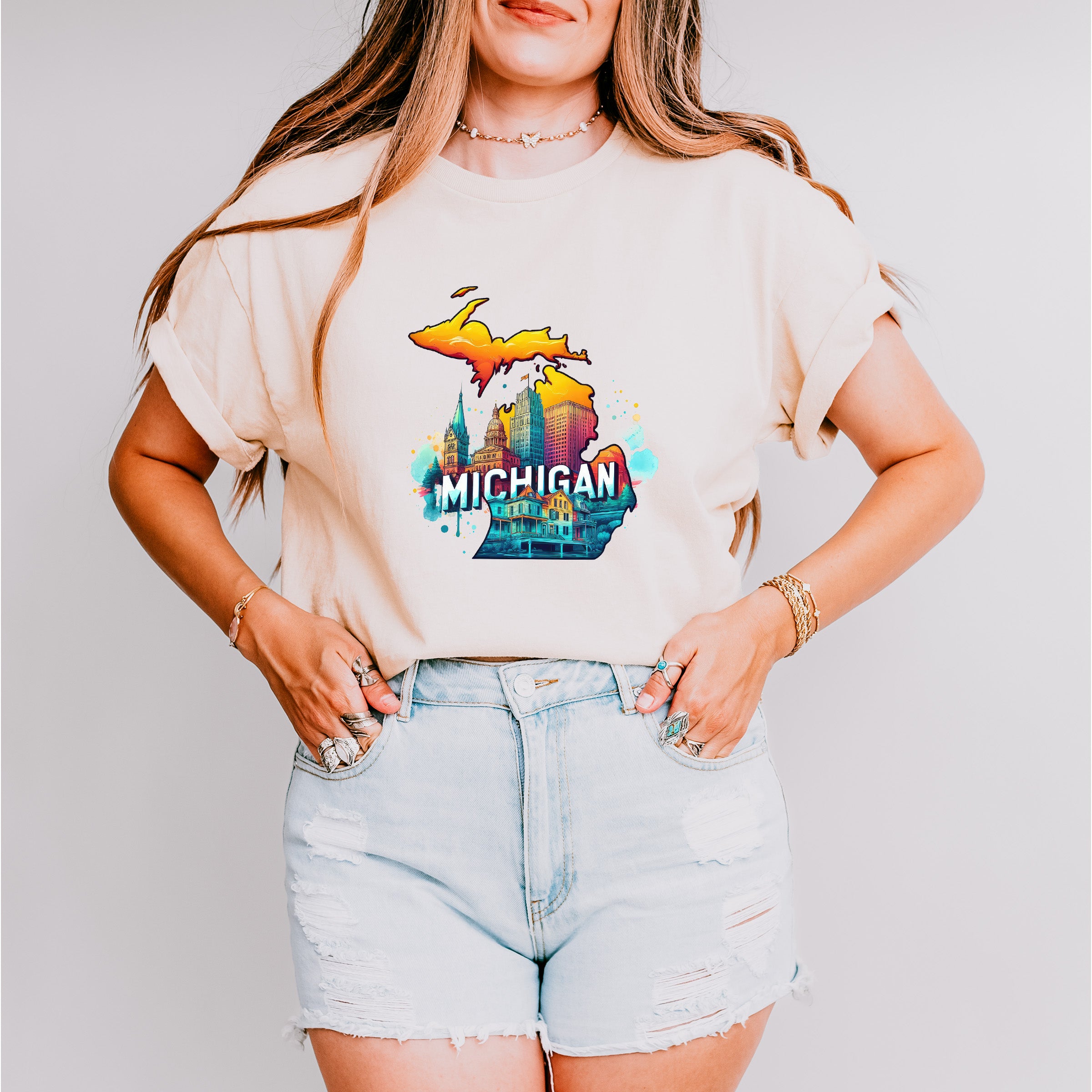 Colorful Michigan Design - States &amp; Cities Unisex Crewneck T-Shirt Sweatshirt Hoodie