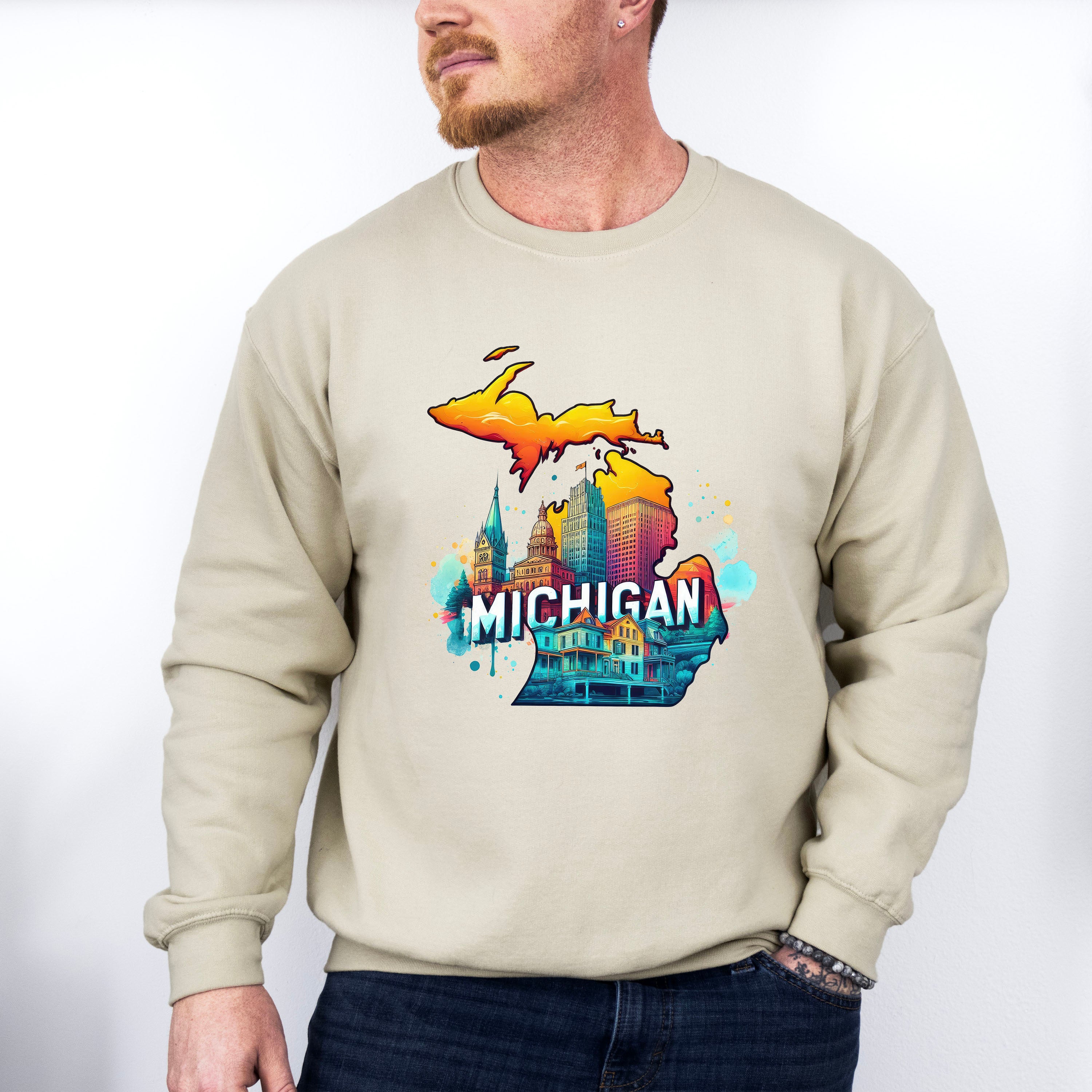 Colorful Michigan Design - States &amp; Cities Unisex Crewneck T-Shirt Sweatshirt Hoodie