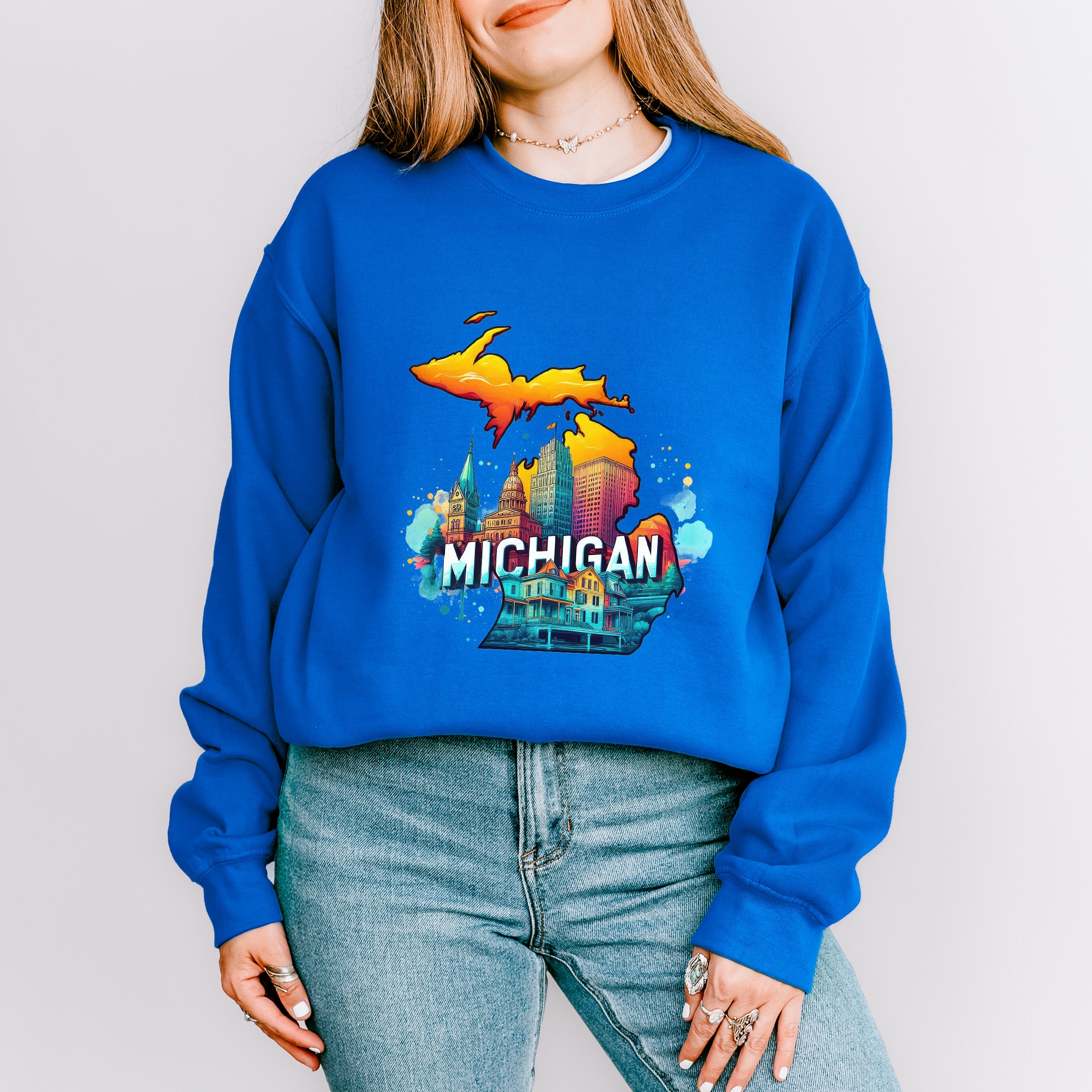 Colorful Michigan Design - States &amp; Cities Unisex Crewneck T-Shirt Sweatshirt Hoodie