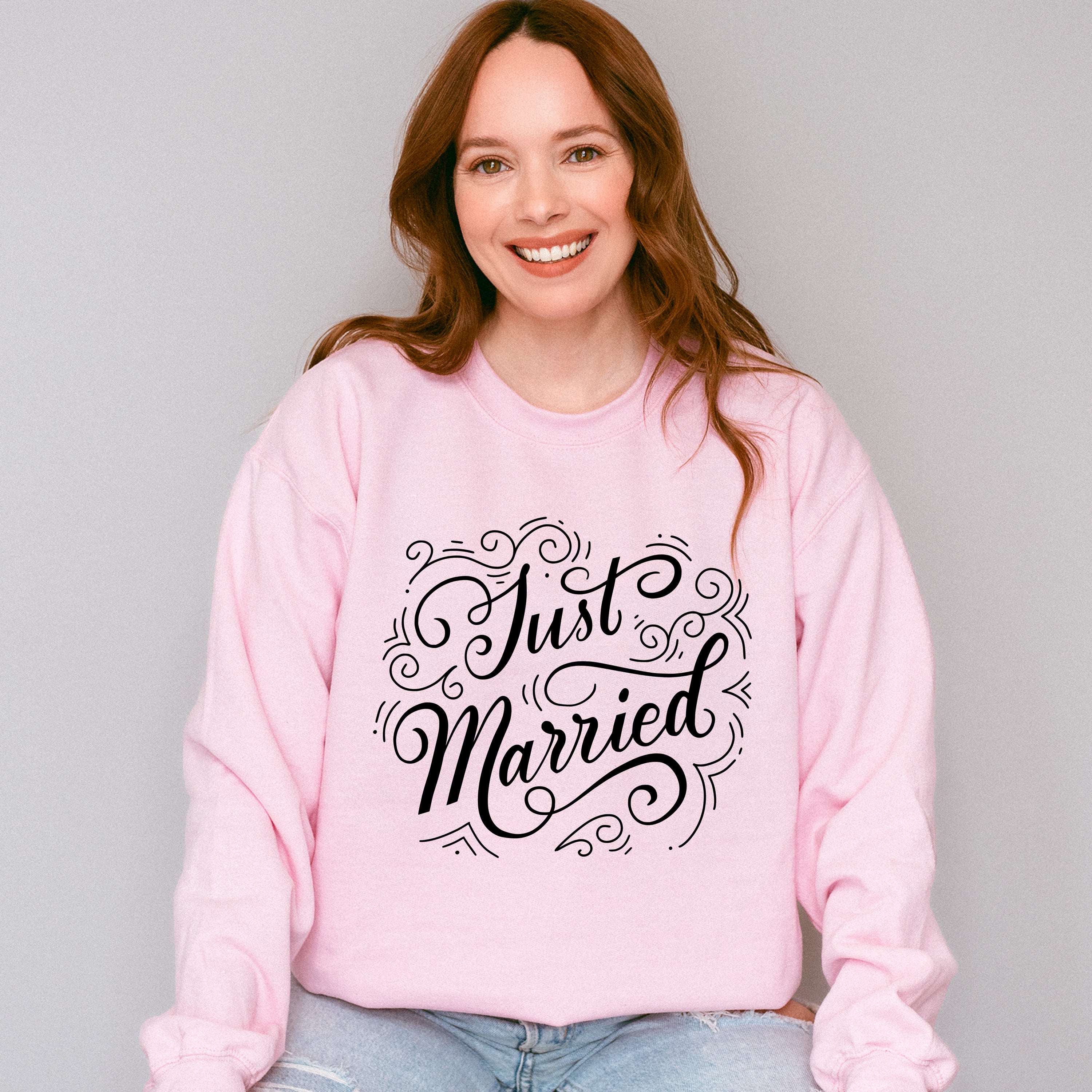 Just Married Curly Design - Honeymoon Unisex Crewneck T-Shirt Sweatshirt Hoodie