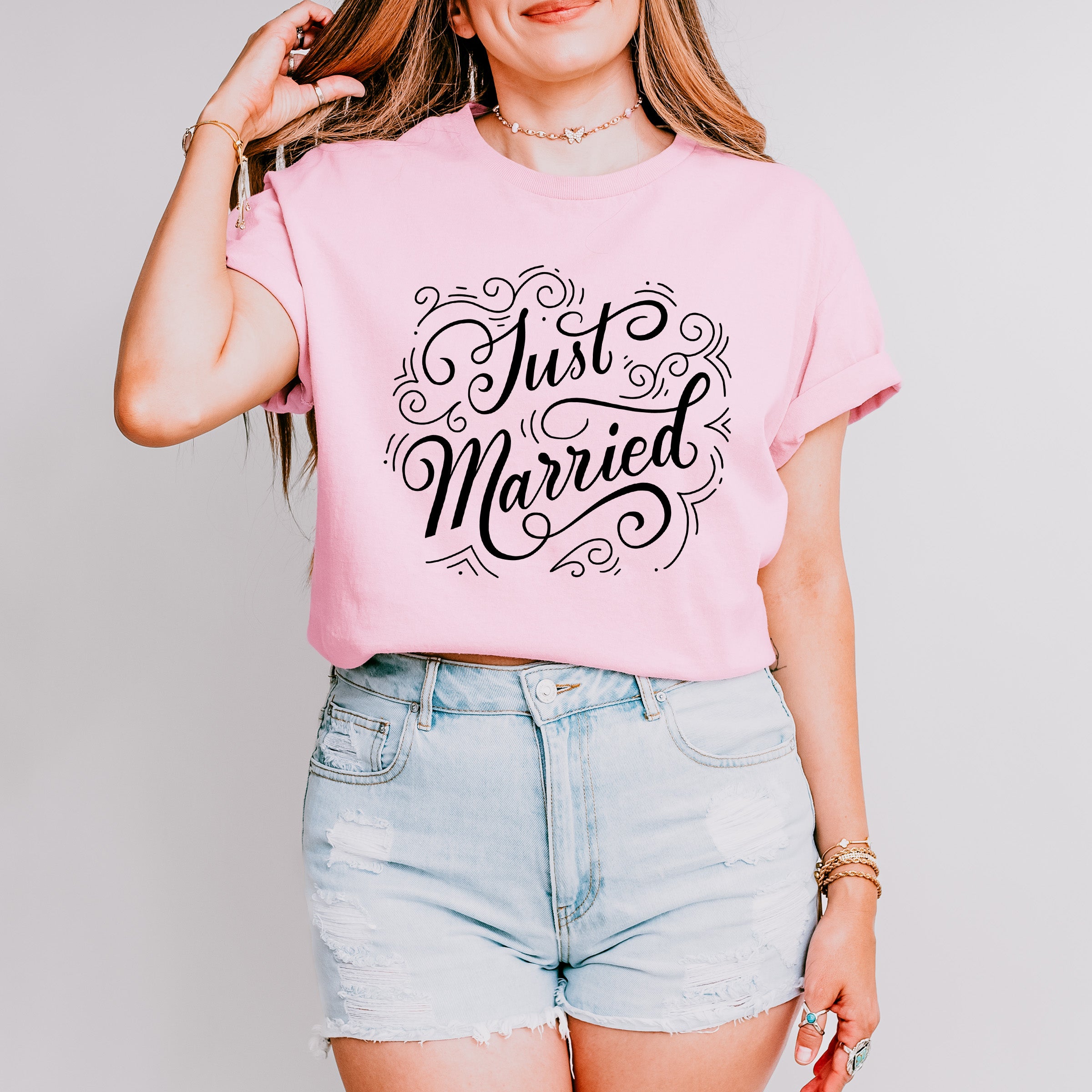 Just Married Curly Design - Honeymoon Unisex Crewneck T-Shirt Sweatshirt Hoodie