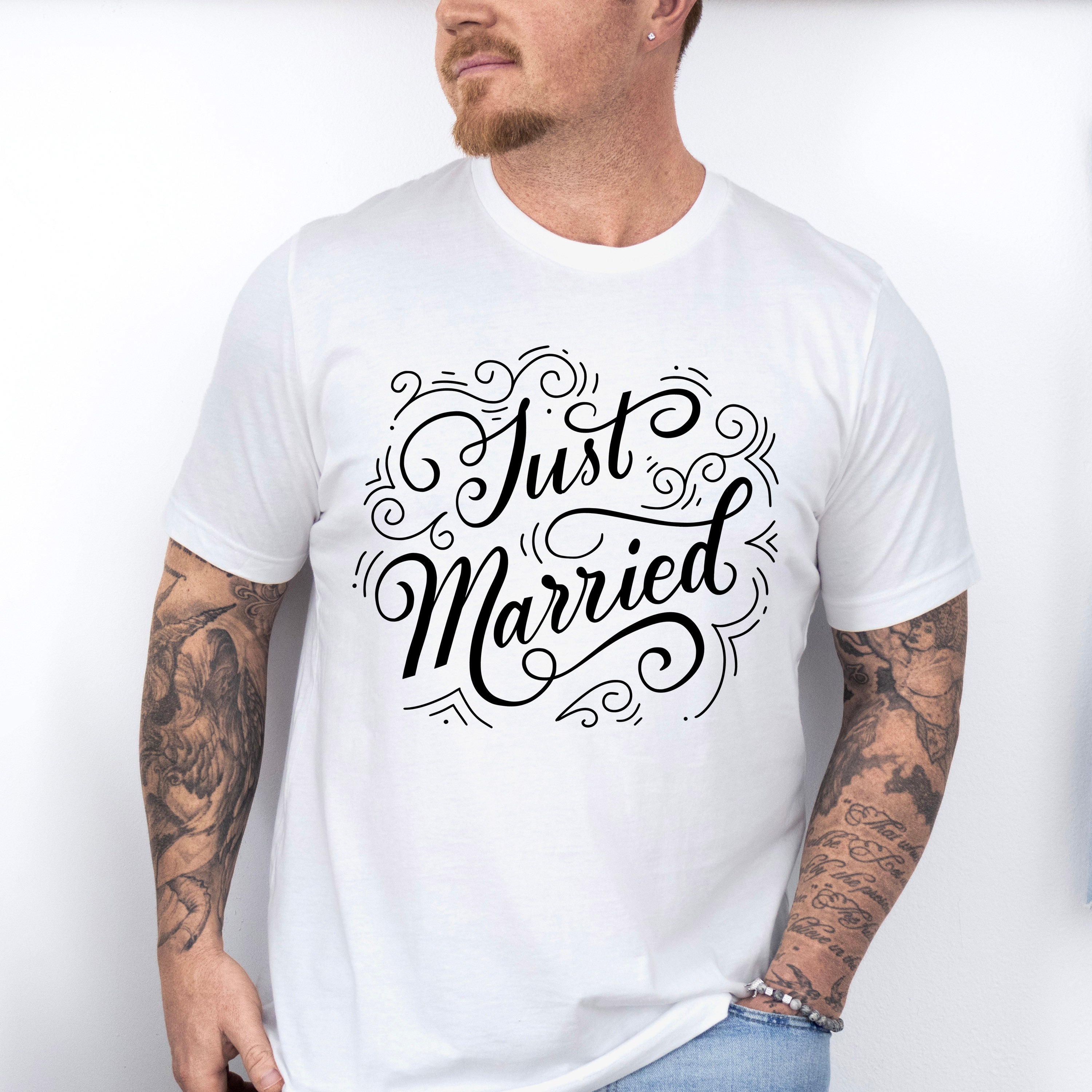 Just Married Curly Design - Honeymoon Unisex Crewneck T-Shirt Sweatshirt Hoodie