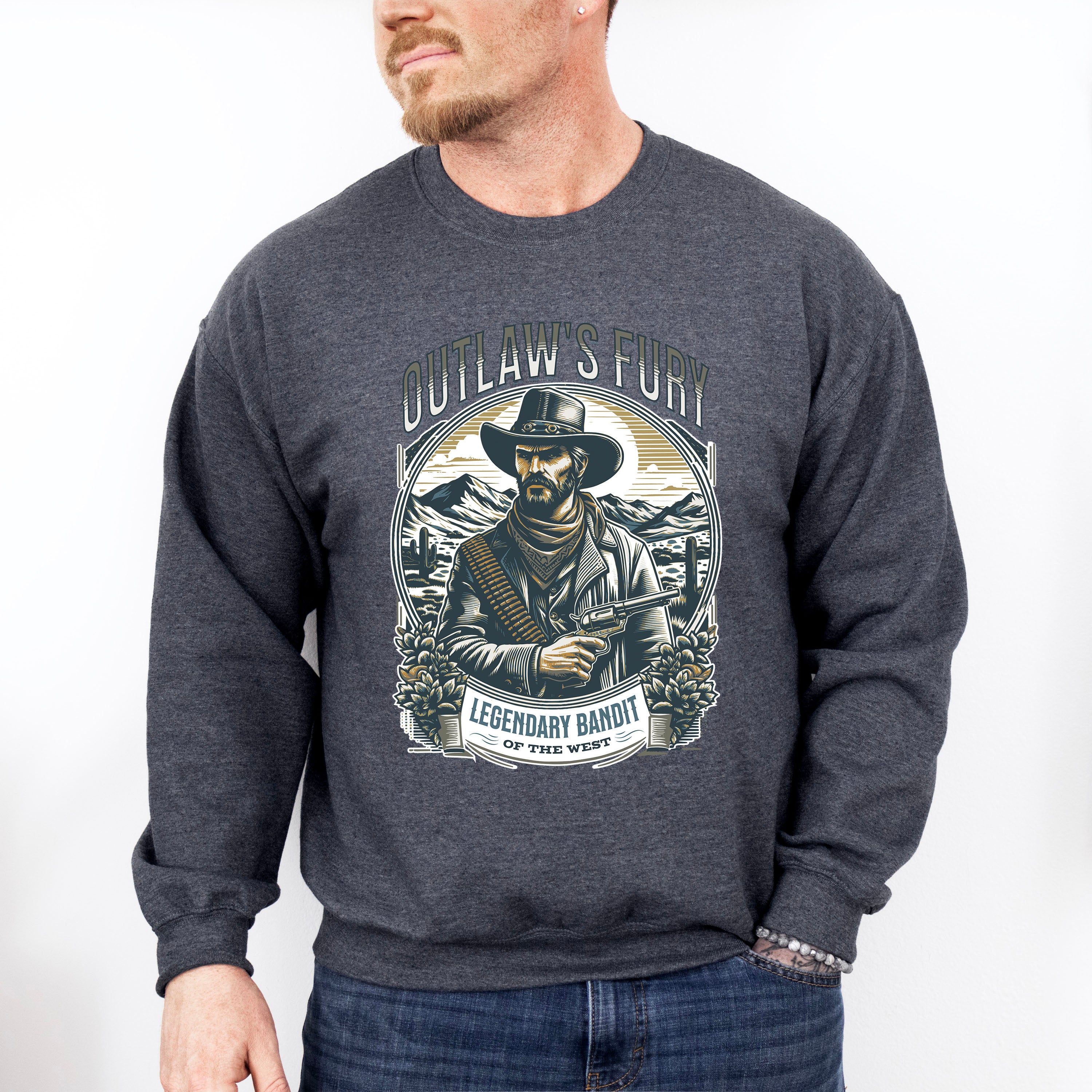 Outlaw's Fury Legendary Bandit Design - Rodeo Unisex Crewneck T-Shirt Sweatshirt Hoodie