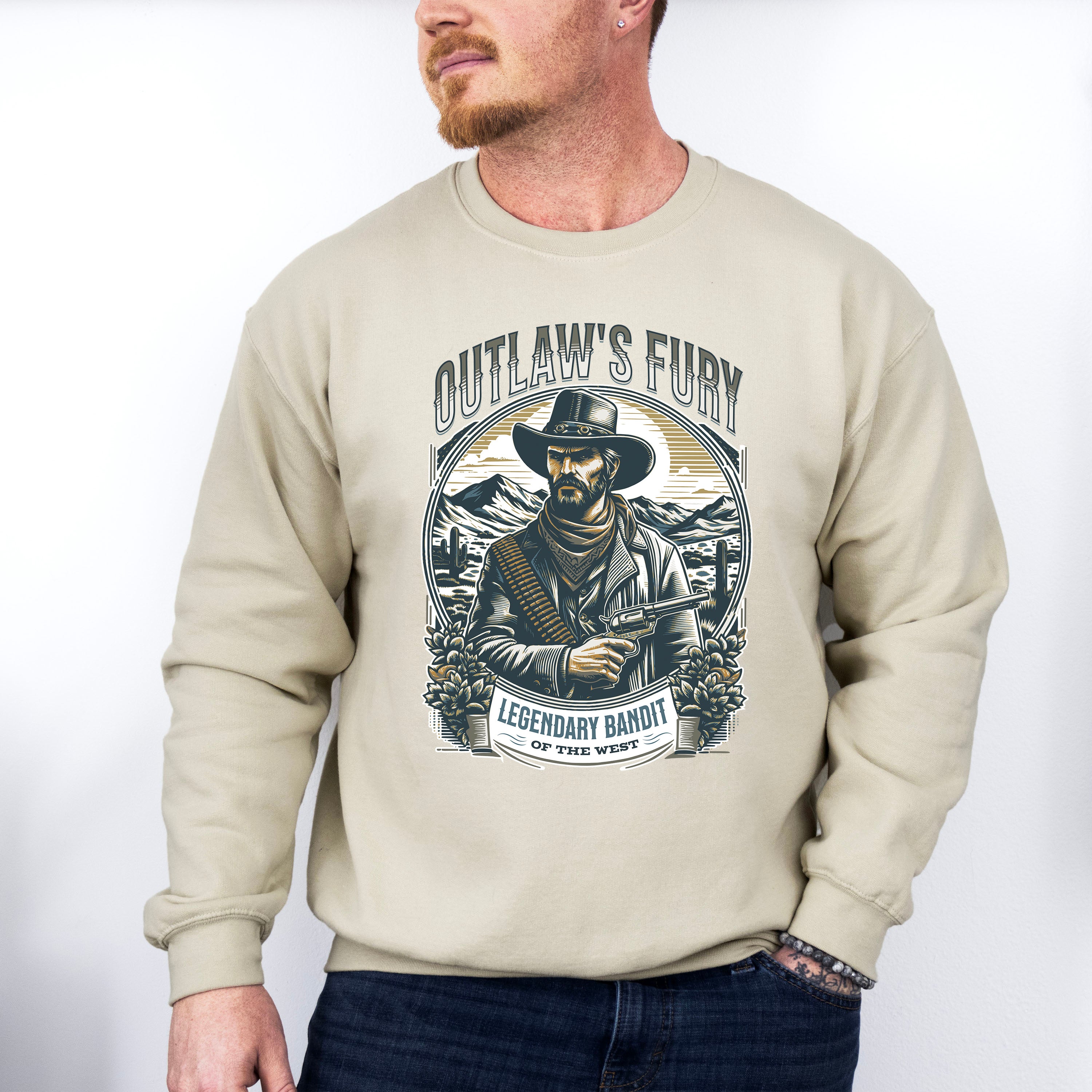 Outlaw's Fury Legendary Bandit Design - Rodeo Unisex Crewneck T-Shirt Sweatshirt Hoodie