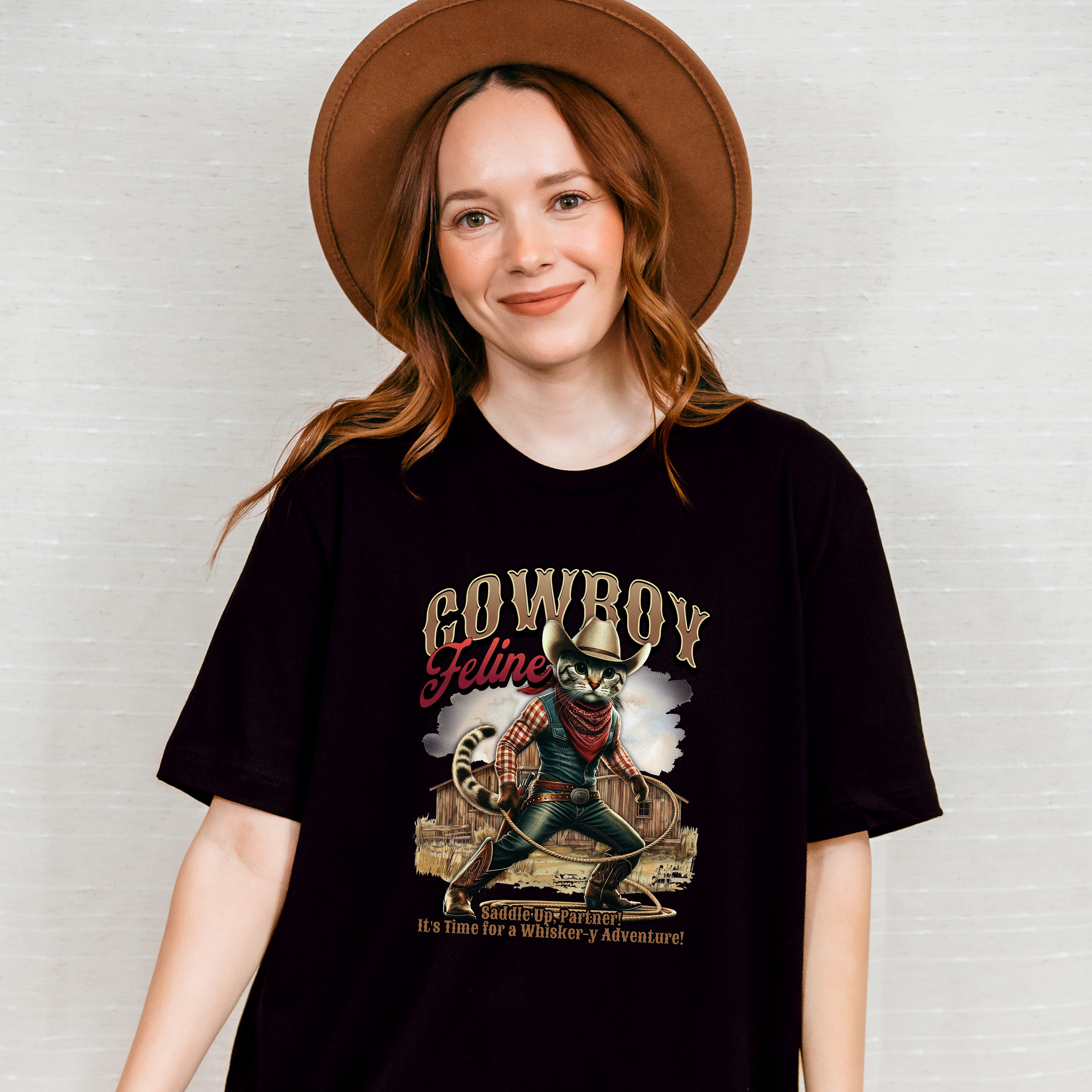 Cowboy Feline Design - Rodeo Unisex Crewneck T-Shirt Sweatshirt Hoodie