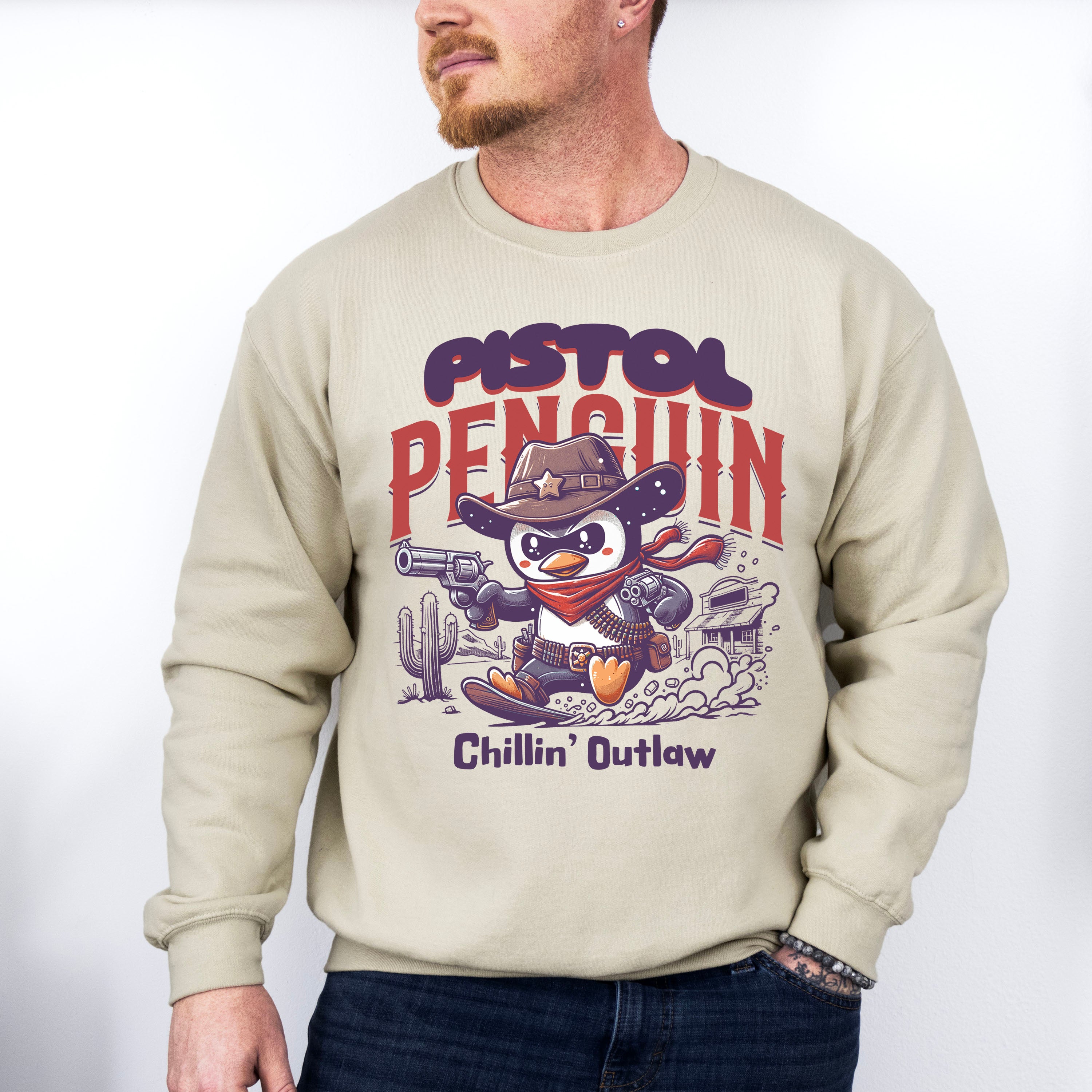 Pistol Penguin Chillin Outlaw Design - Rodeo Unisex Crewneck T-Shirt Sweatshirt Hoodie