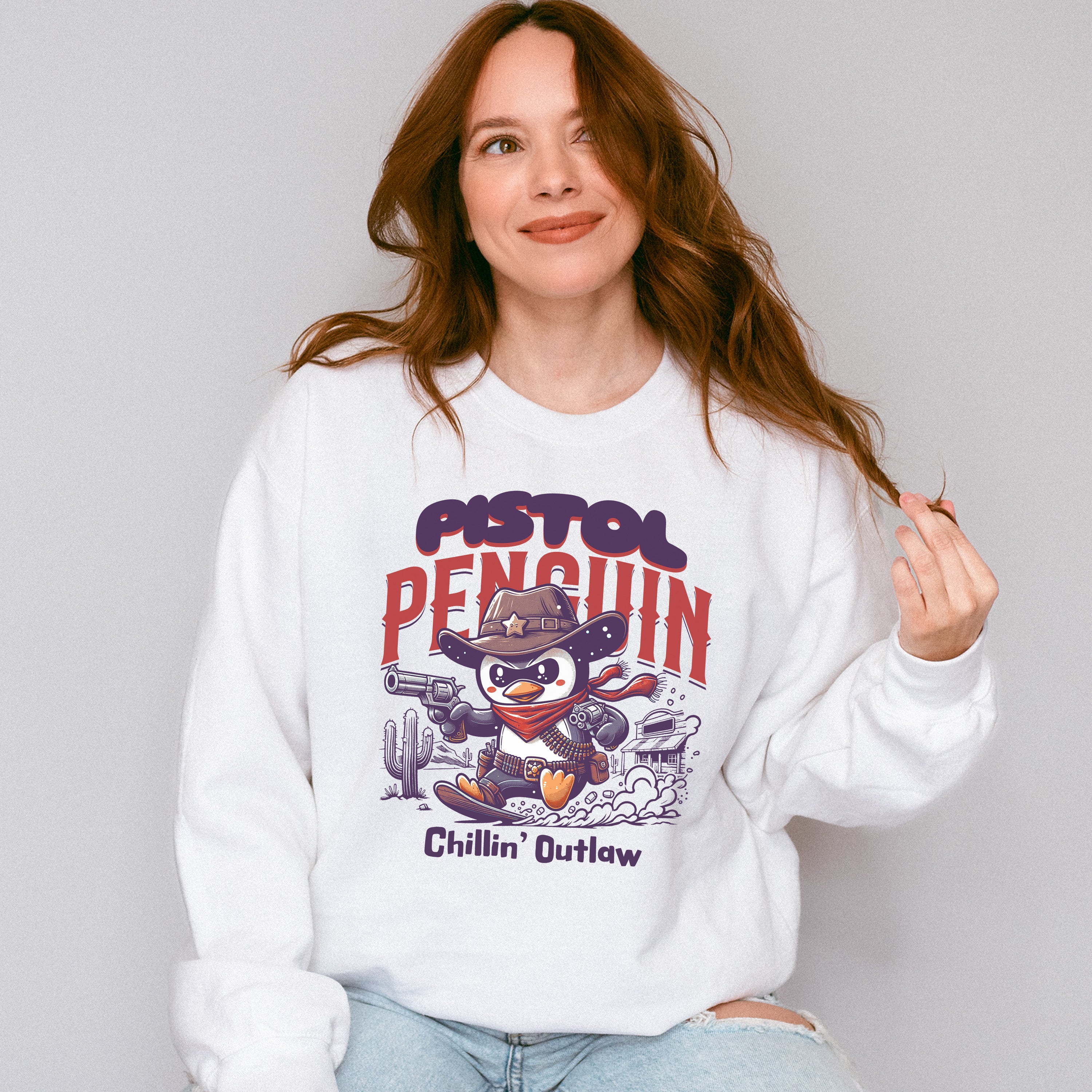 Pistol Penguin Chillin Outlaw Design - Rodeo Unisex Crewneck T-Shirt Sweatshirt Hoodie