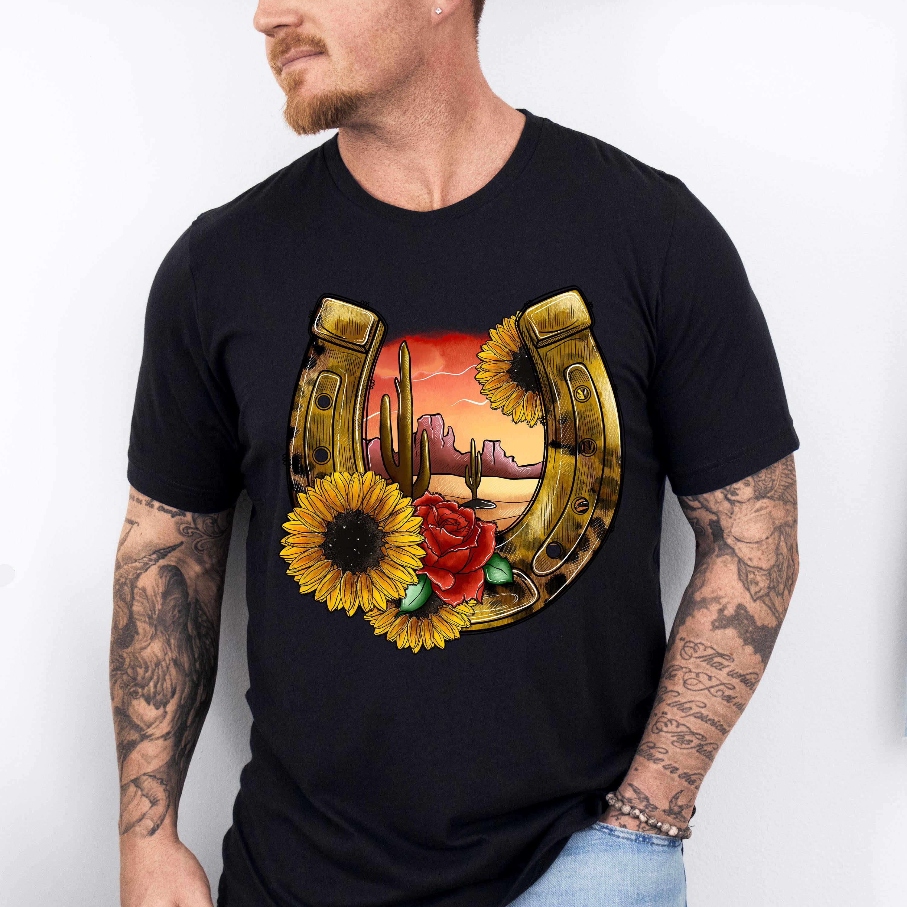 Flowers Horseshoe Design - Western Unisex Crewneck T-Shirt Sweatshirt Hoodie