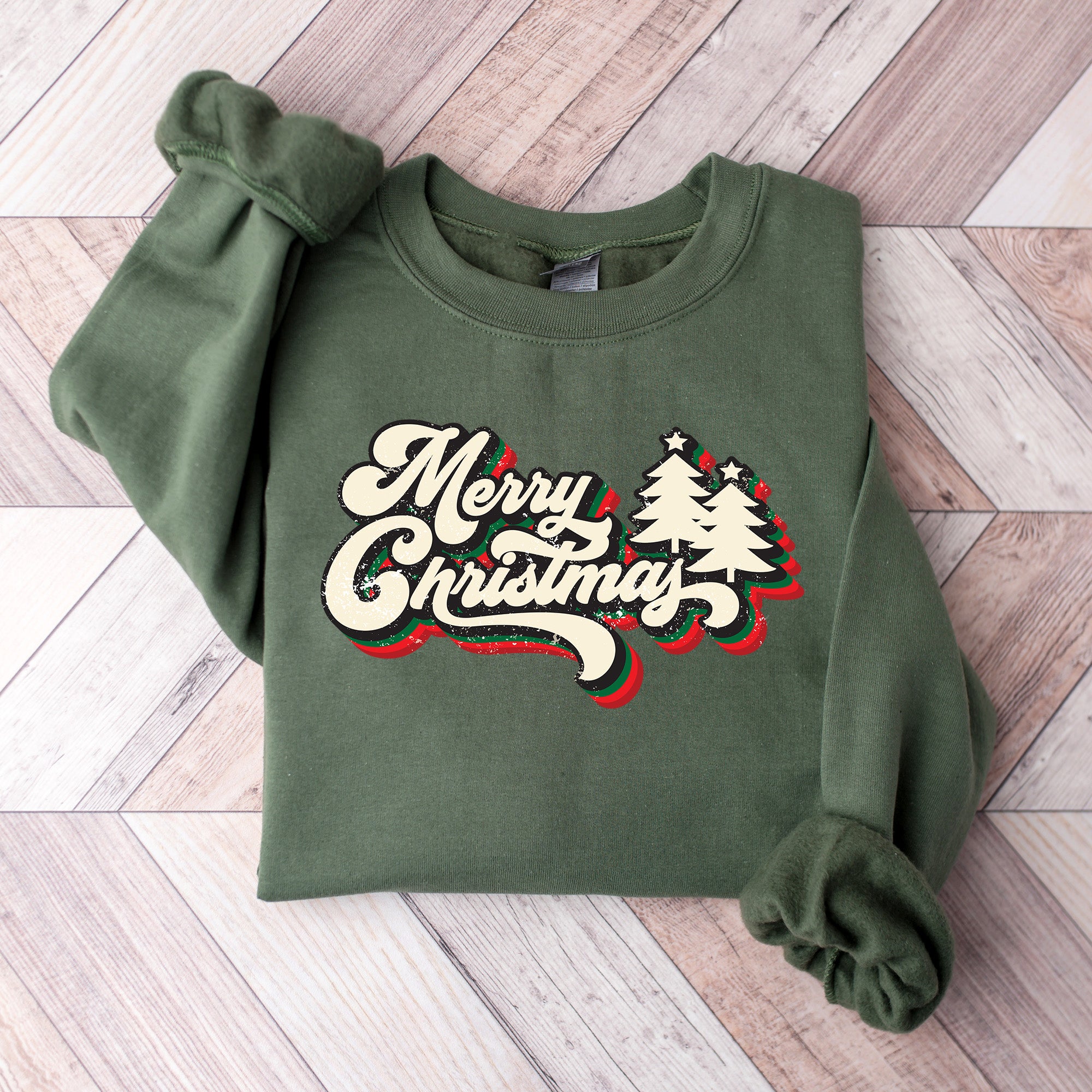 Retro Merry Christmas Trees - Christmas Unisex Crewneck T-Shirt Sweatshirt Hoodie