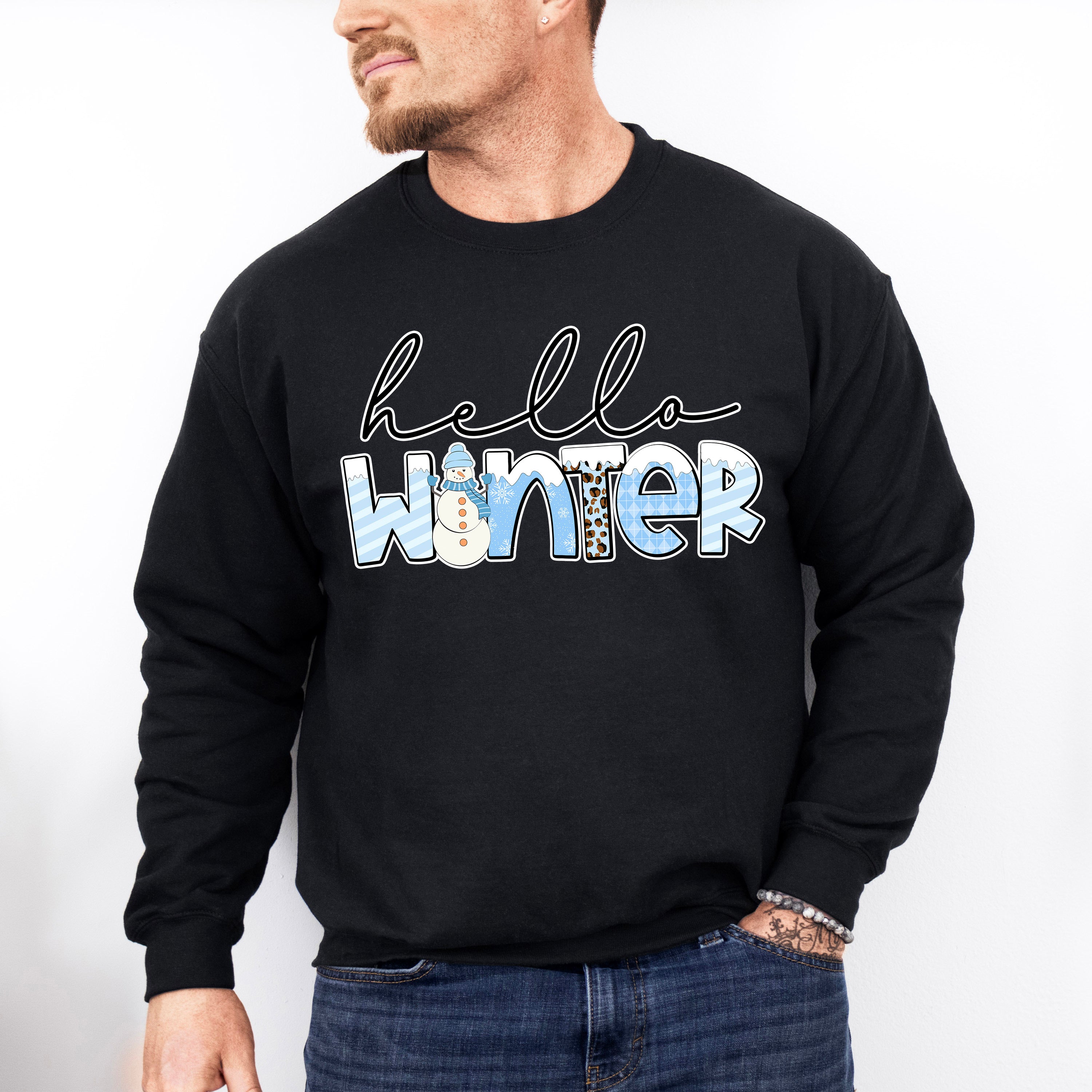 Hello Winter Cursive Design - Winter Unisex Crewneck T-Shirt Sweatshirt Hoodie