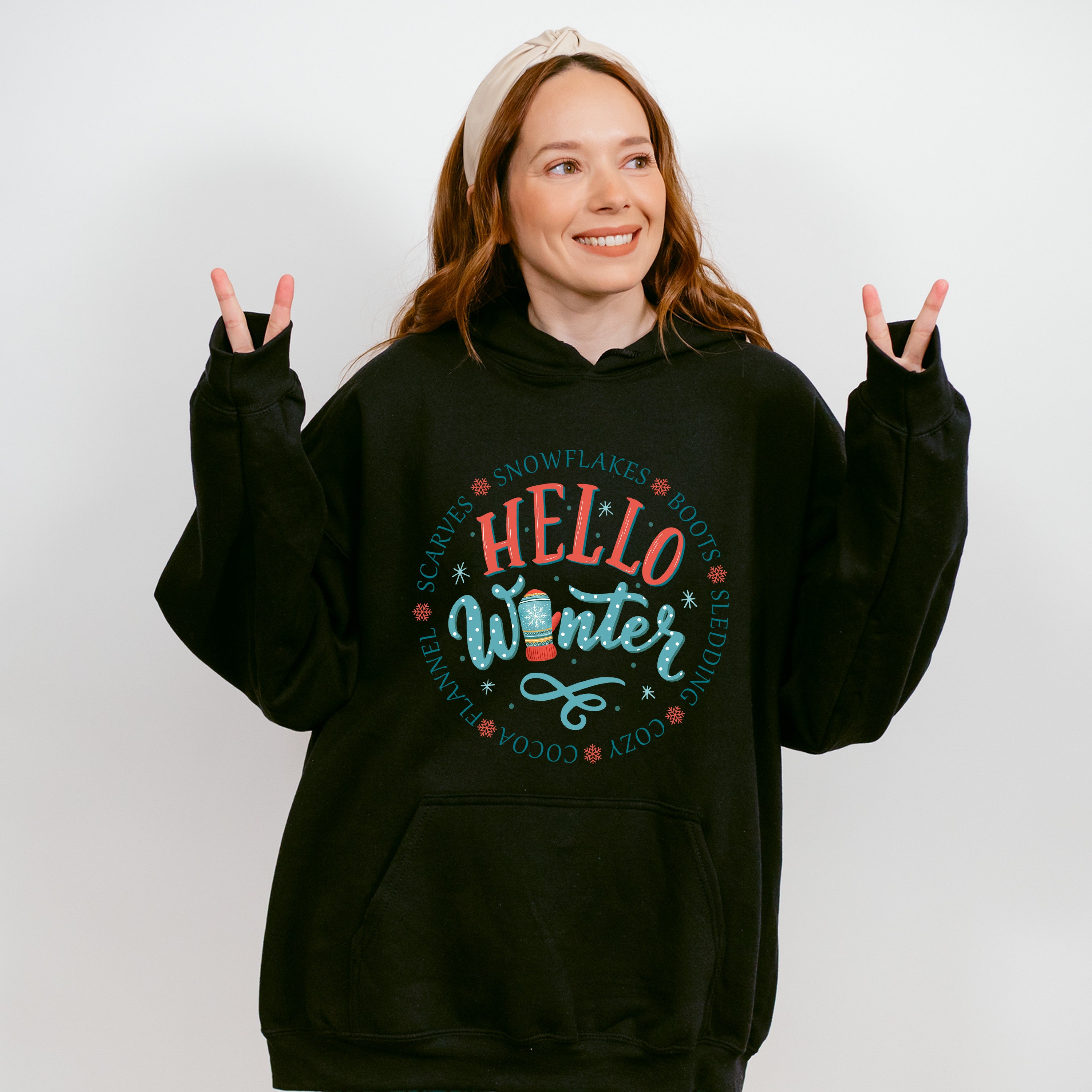 Hello Winter Mitten Design - Winter Unisex Crewneck T-Shirt Sweatshirt Hoodie