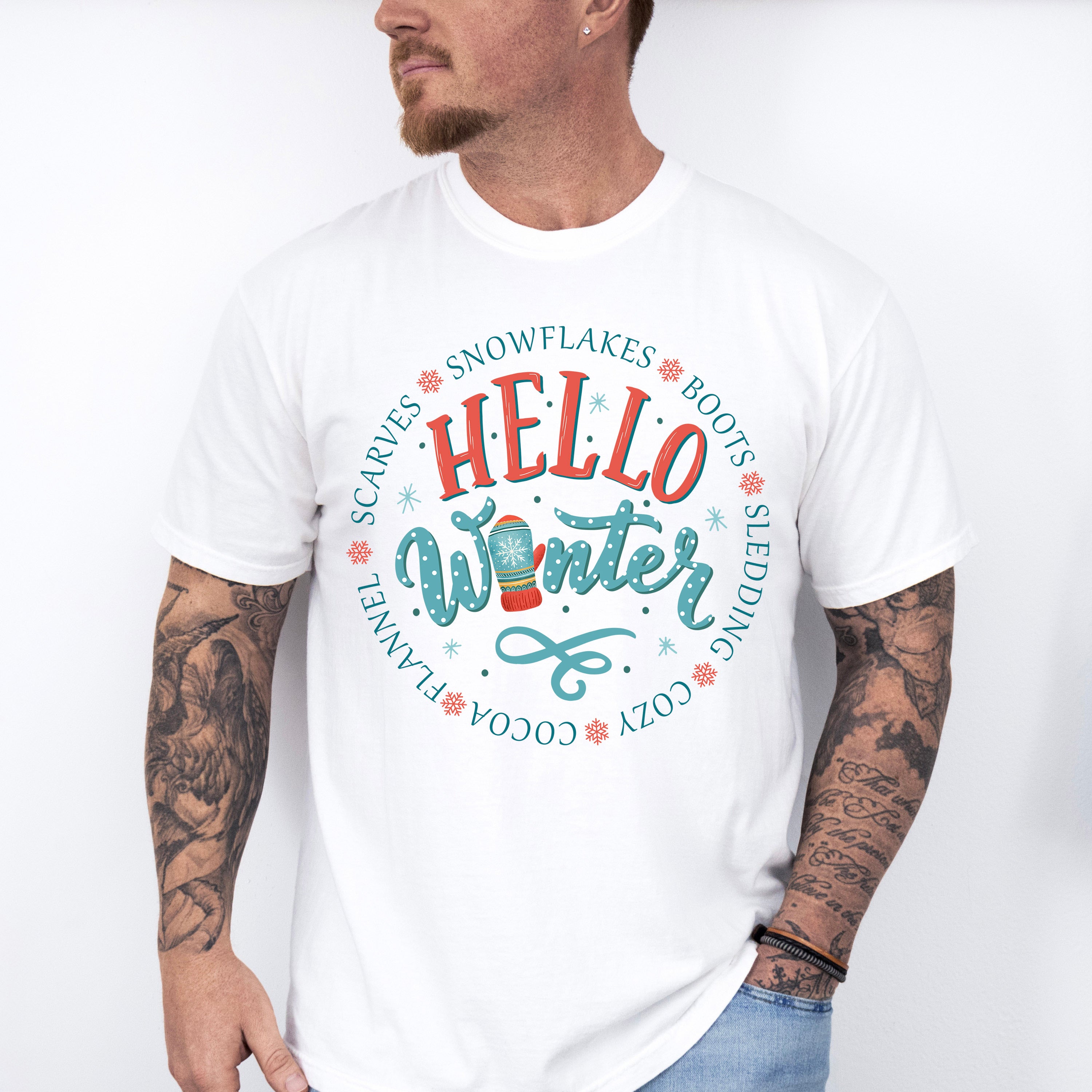 Hello Winter Mitten Design - Winter Unisex Crewneck T-Shirt Sweatshirt Hoodie