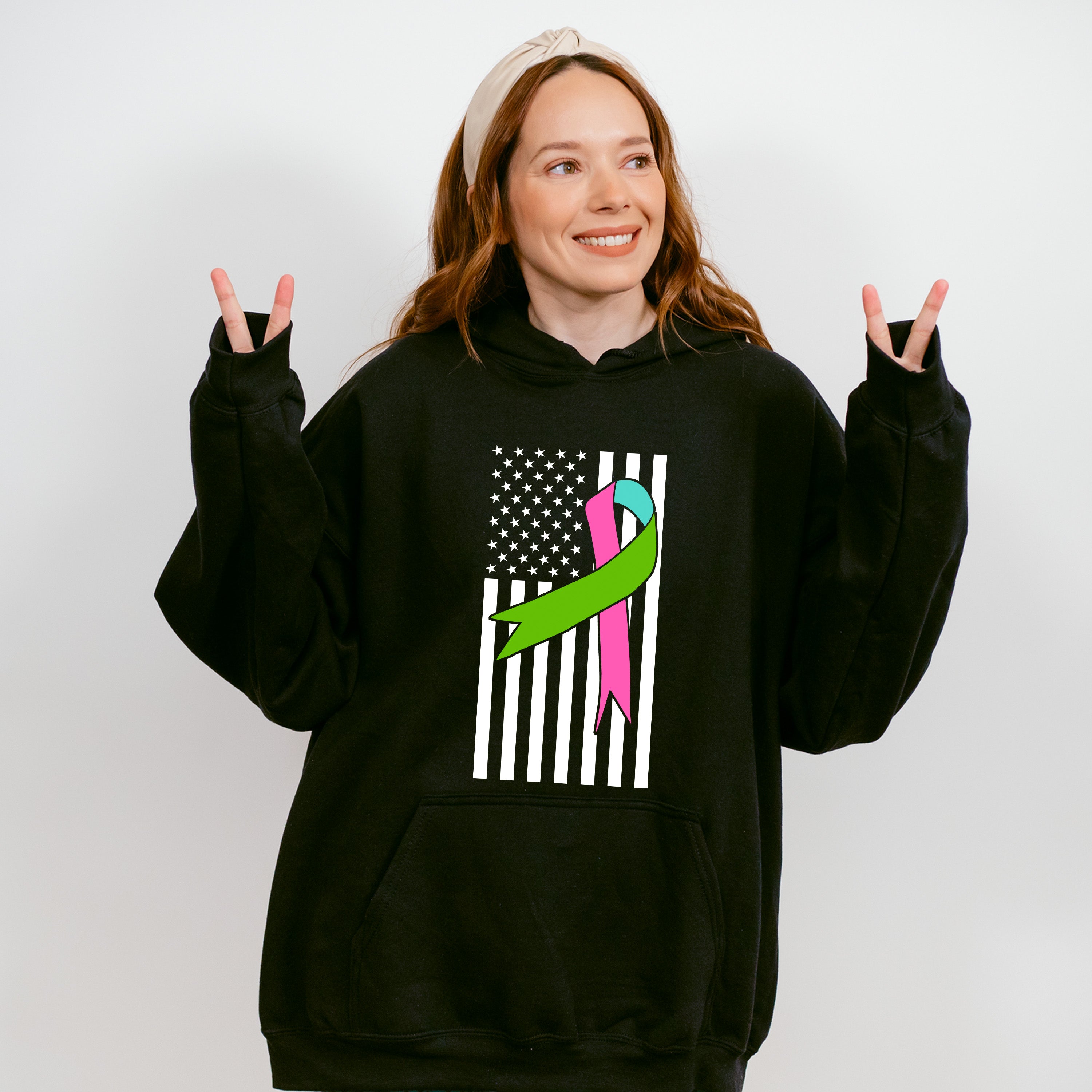 Ribbon USA Flag Design - Metastatic Breast Cancer Unisex Crewneck T-Shirt Sweatshirt Hoodie