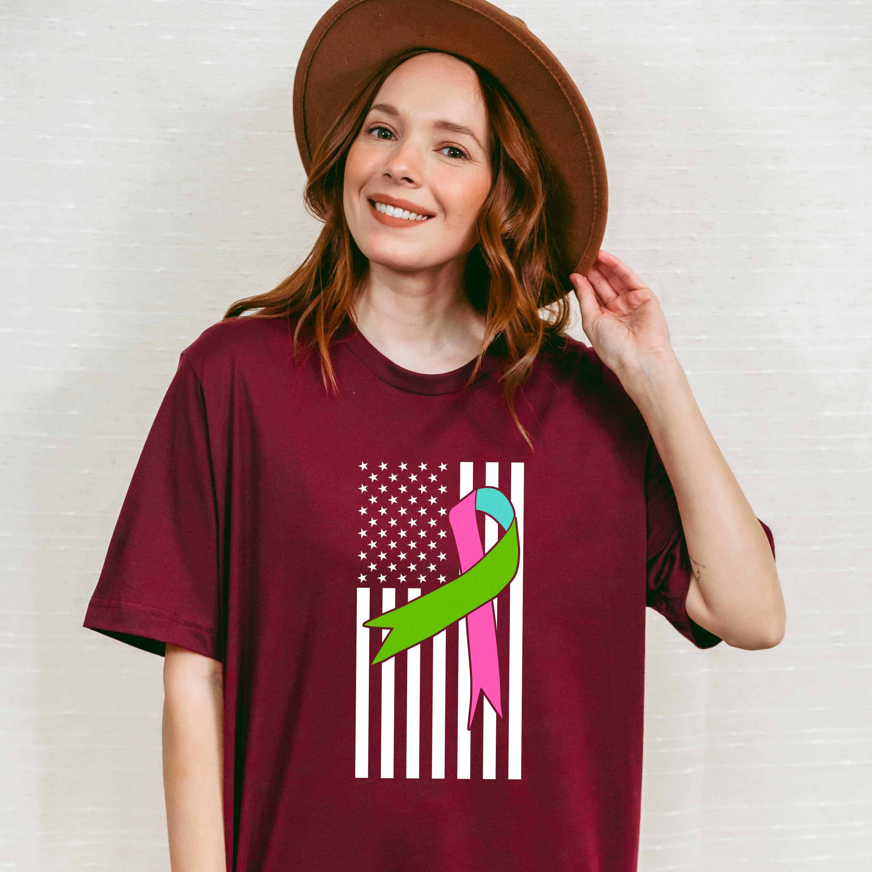 Ribbon USA Flag Design - Metastatic Breast Cancer Unisex Crewneck T-Shirt Sweatshirt Hoodie