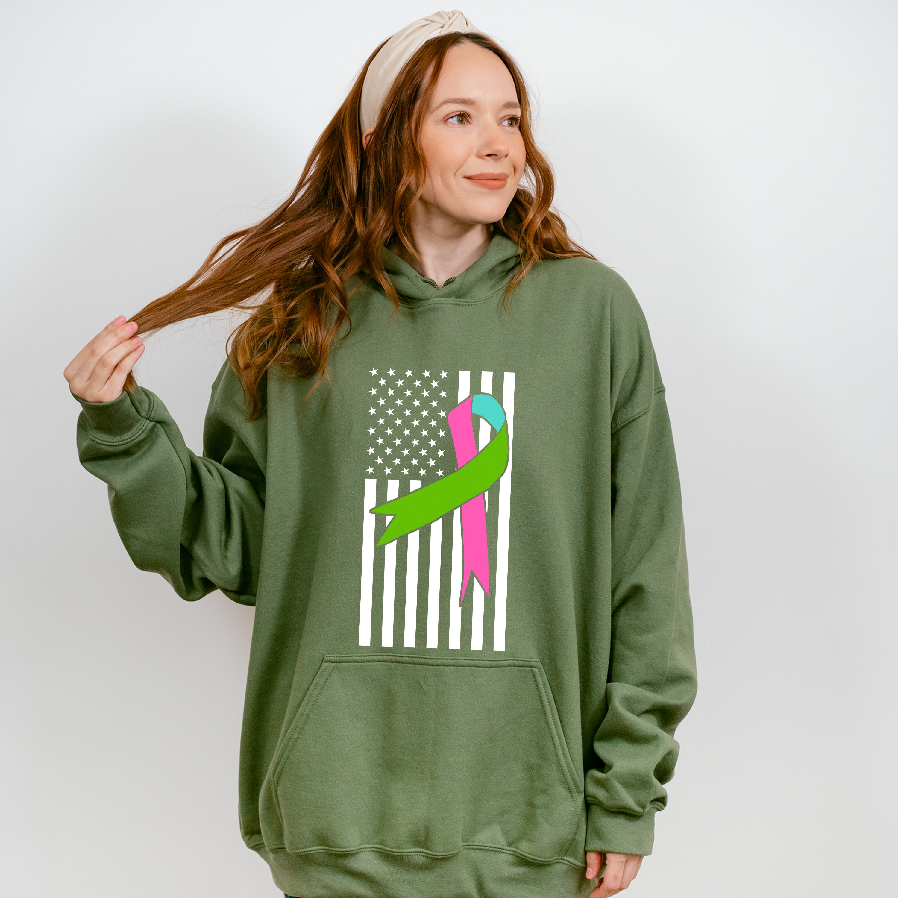 Ribbon USA Flag Design - Metastatic Breast Cancer Unisex Crewneck T-Shirt Sweatshirt Hoodie