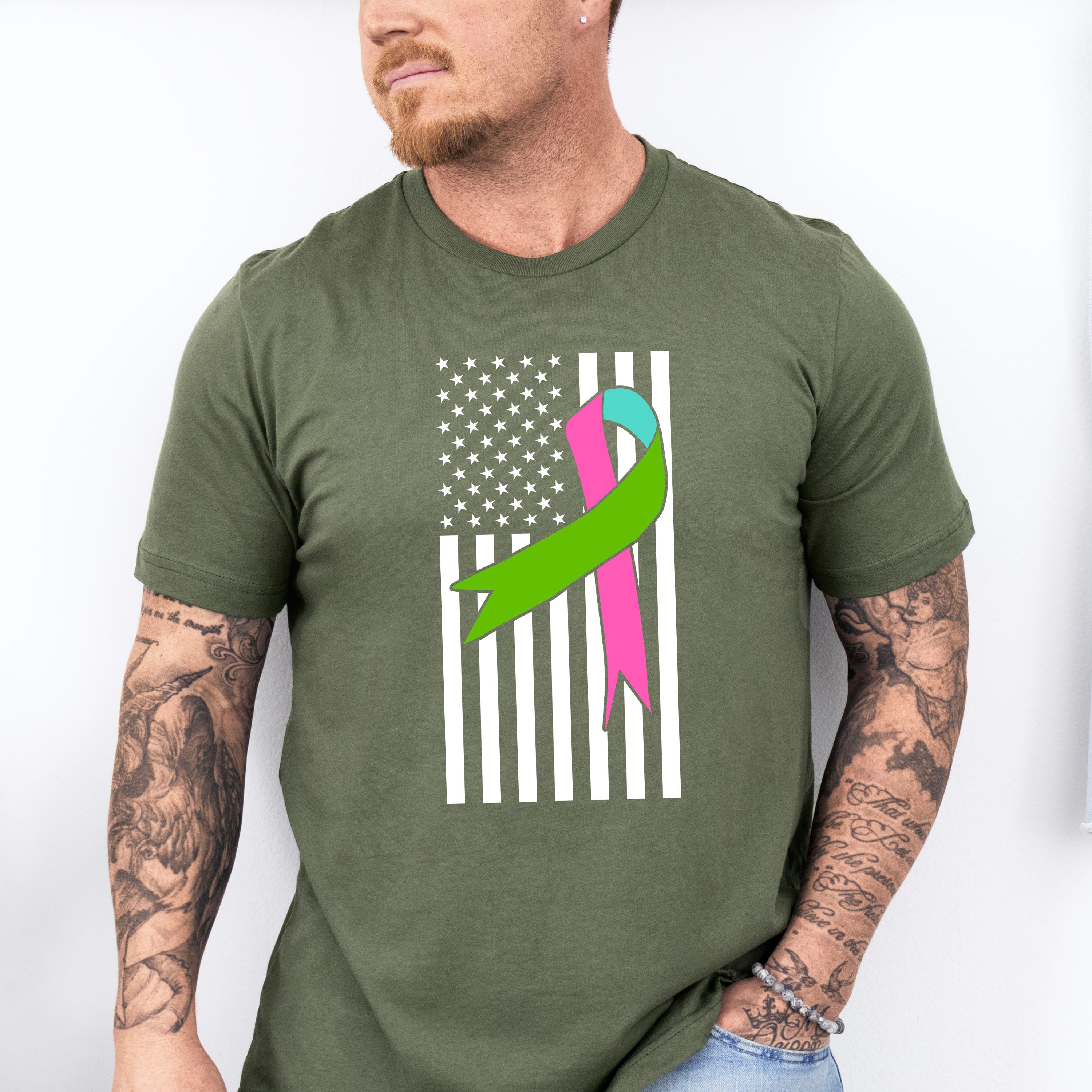 Ribbon USA Flag Design - Metastatic Breast Cancer Unisex Crewneck T-Shirt Sweatshirt Hoodie