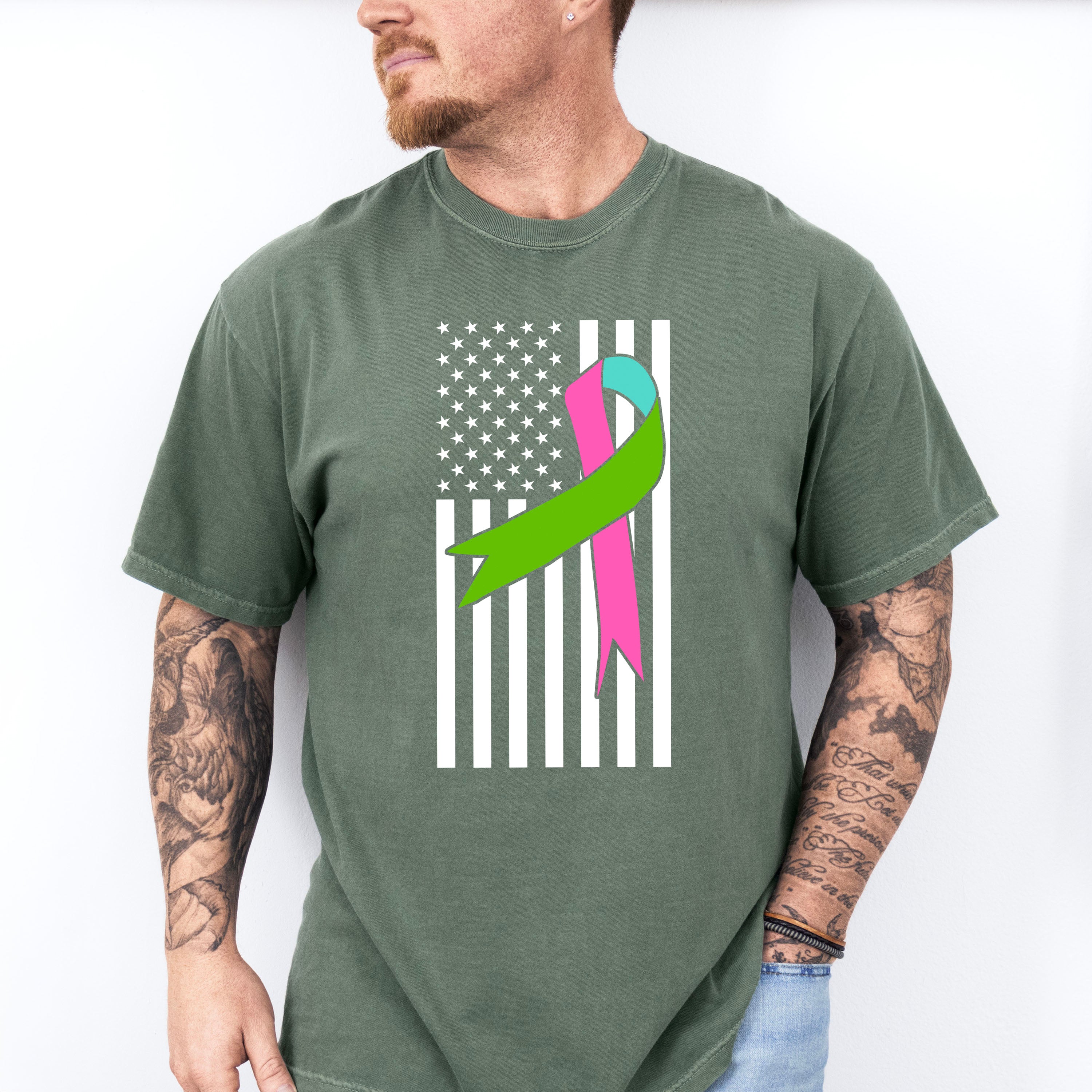 Ribbon USA Flag Design - Metastatic Breast Cancer Unisex Crewneck T-Shirt Sweatshirt Hoodie