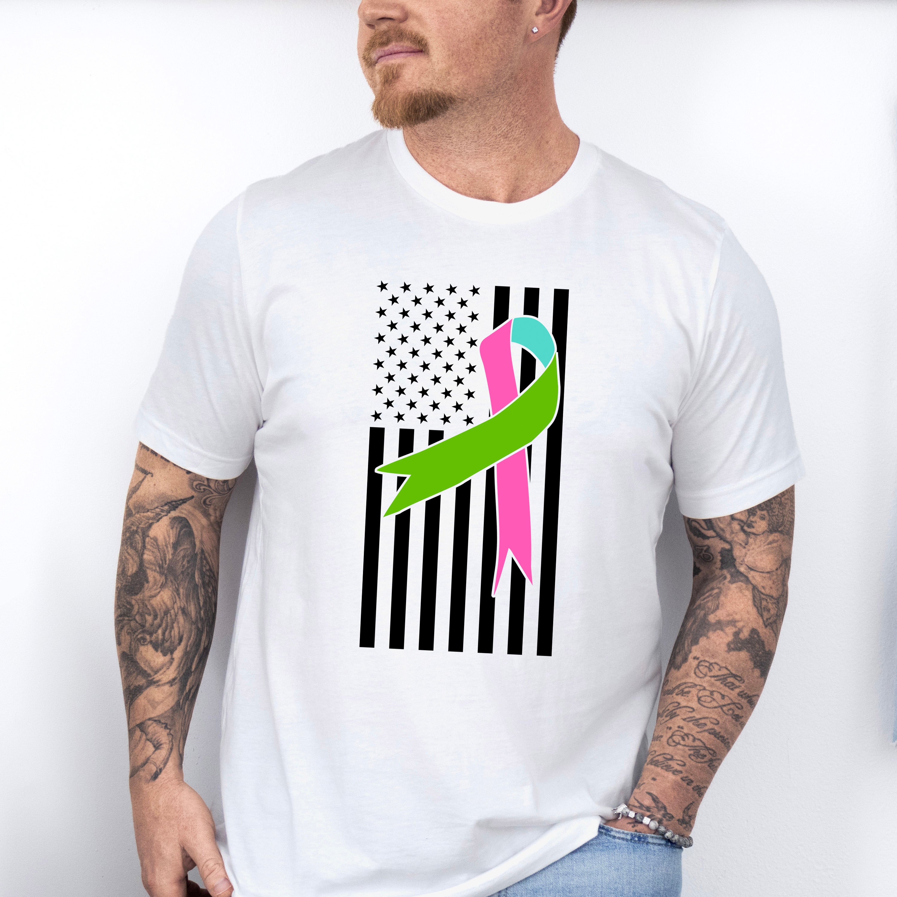 Ribbon USA Flag Design - Metastatic Breast Cancer Unisex Crewneck T-Shirt Sweatshirt Hoodie