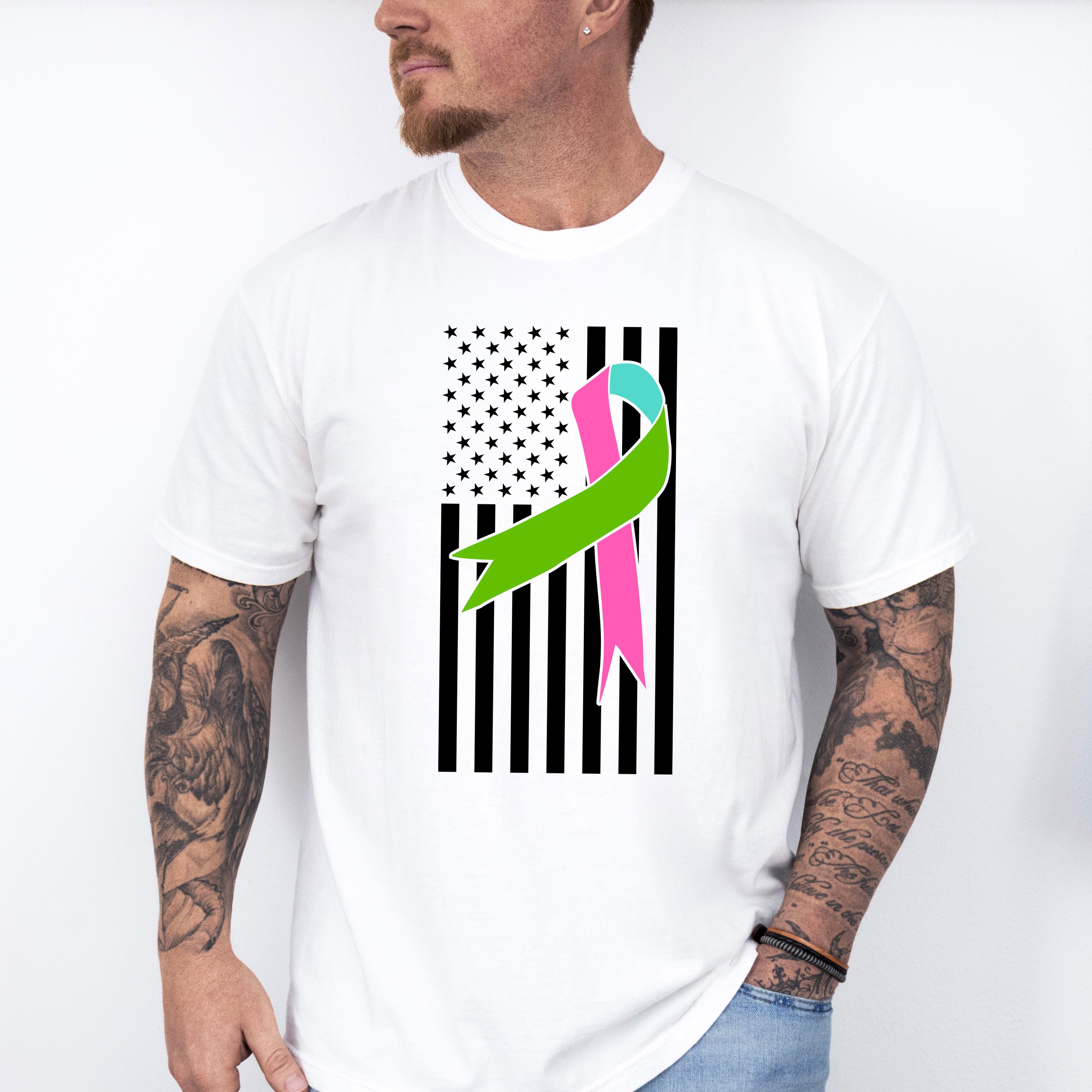 Ribbon USA Flag Design - Metastatic Breast Cancer Unisex Crewneck T-Shirt Sweatshirt Hoodie