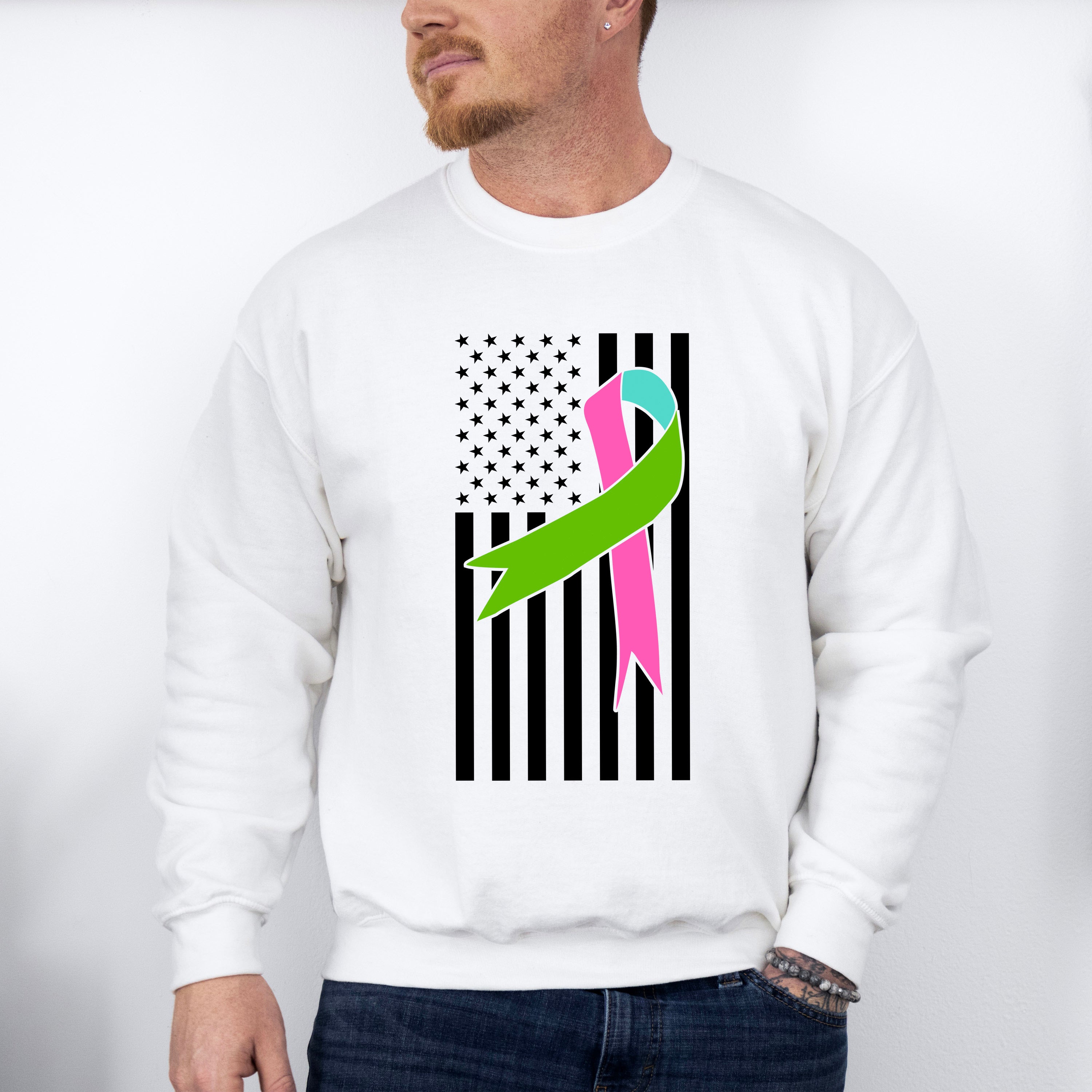 Ribbon USA Flag Design - Metastatic Breast Cancer Unisex Crewneck T-Shirt Sweatshirt Hoodie
