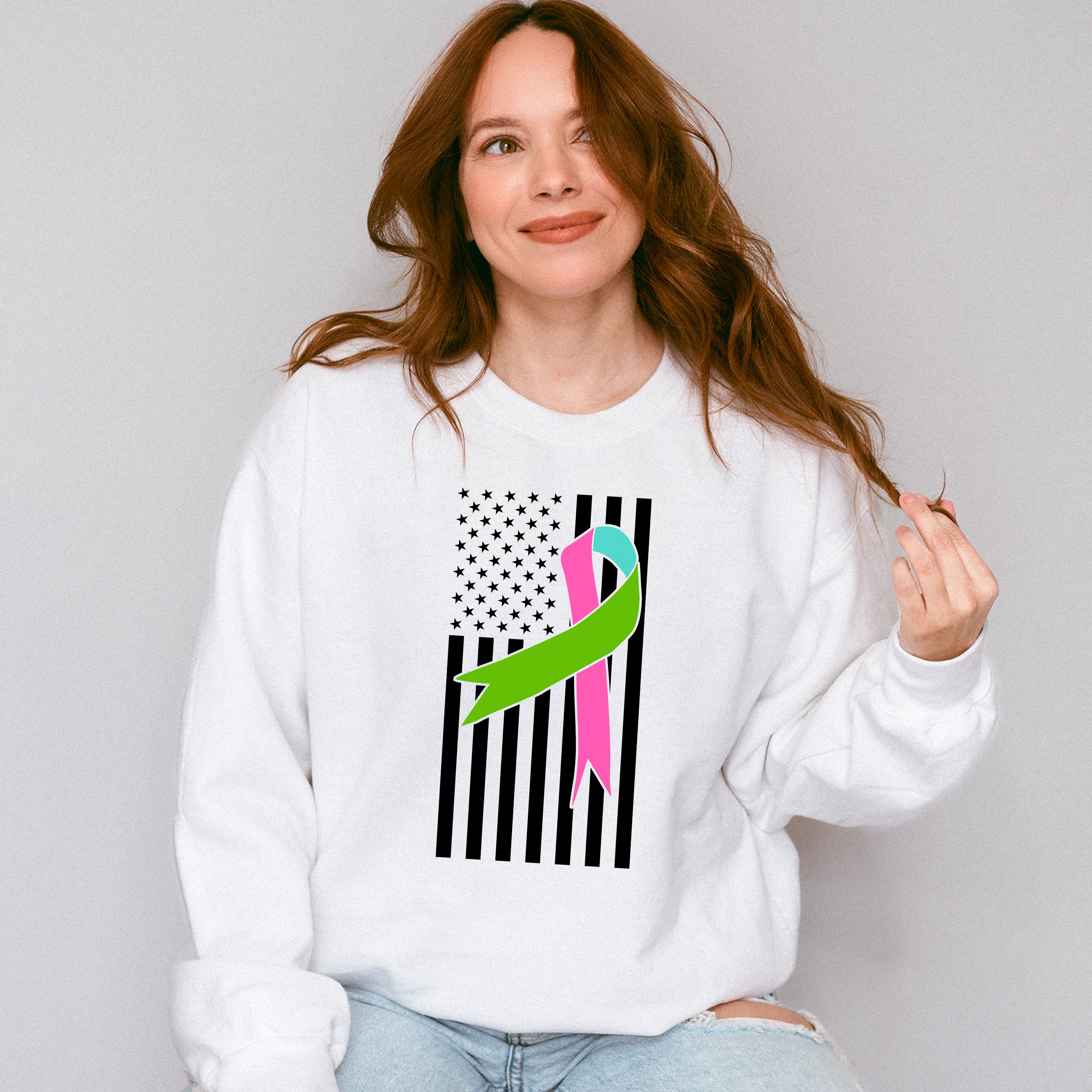 Ribbon USA Flag Design - Metastatic Breast Cancer Unisex Crewneck T-Shirt Sweatshirt Hoodie