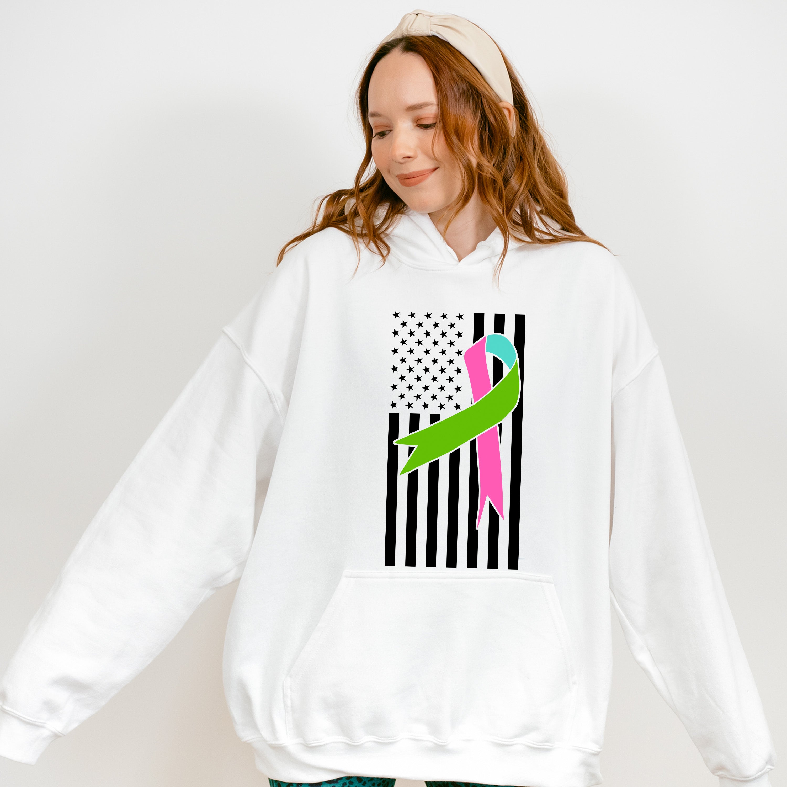 Ribbon USA Flag Design - Metastatic Breast Cancer Unisex Crewneck T-Shirt Sweatshirt Hoodie