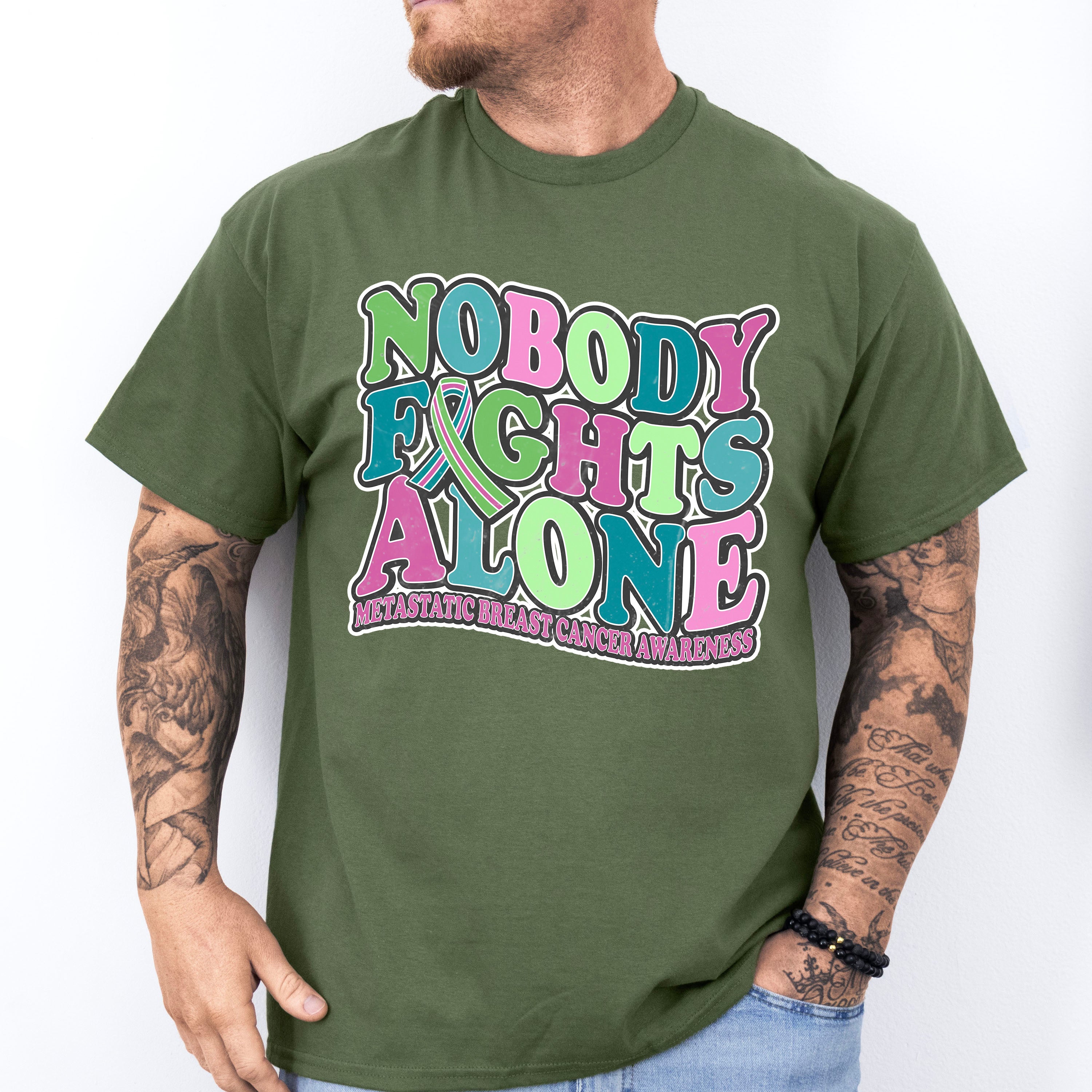 Nobody Fights Alone - Metastatic Breast Cancer Unisex Crewneck T-Shirt Sweatshirt Hoodie