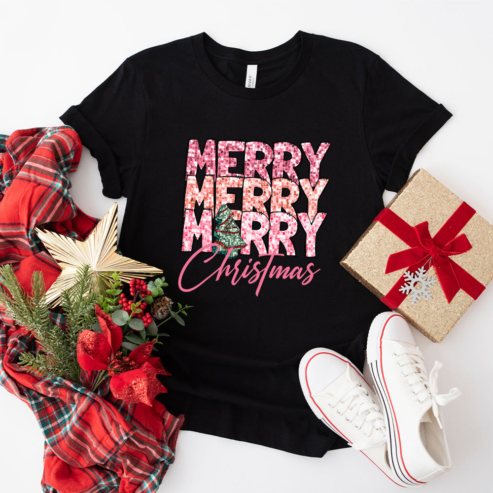 Merry Merry Christmas Pink Design - Christmas Unisex Crewneck T-Shirt Sweatshirt Hoodie