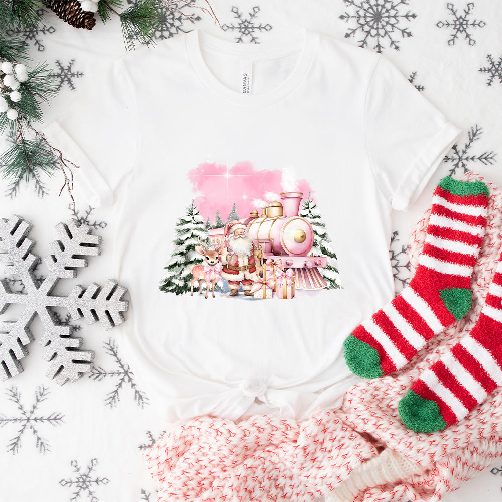 Pink Train Santa And Reindeer - Christmas Unisex Crewneck T-Shirt Sweatshirt Hoodie