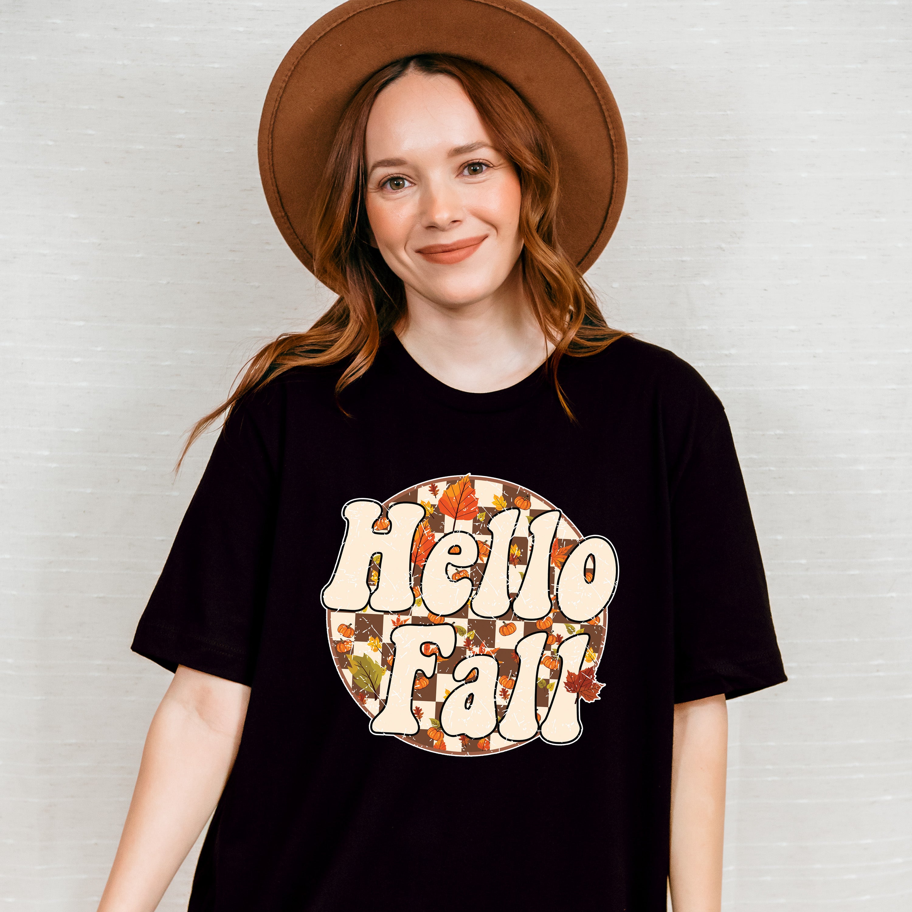Hello Fall Circular Checkered Design - Fall Unisex Crewneck T-Shirt Sweatshirt Hoodie