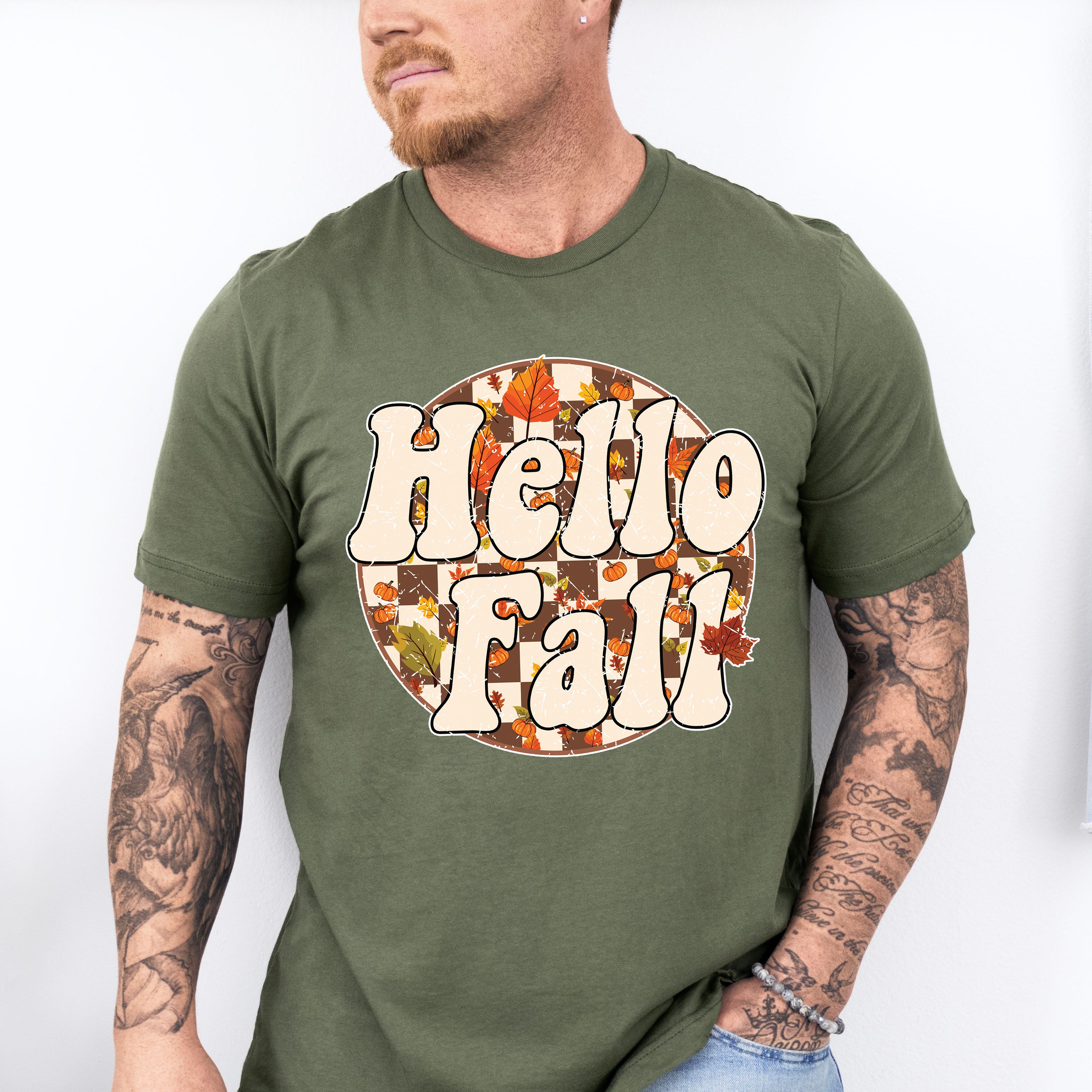 Hello Fall Circular Checkered Design - Fall Unisex Crewneck T-Shirt Sweatshirt Hoodie
