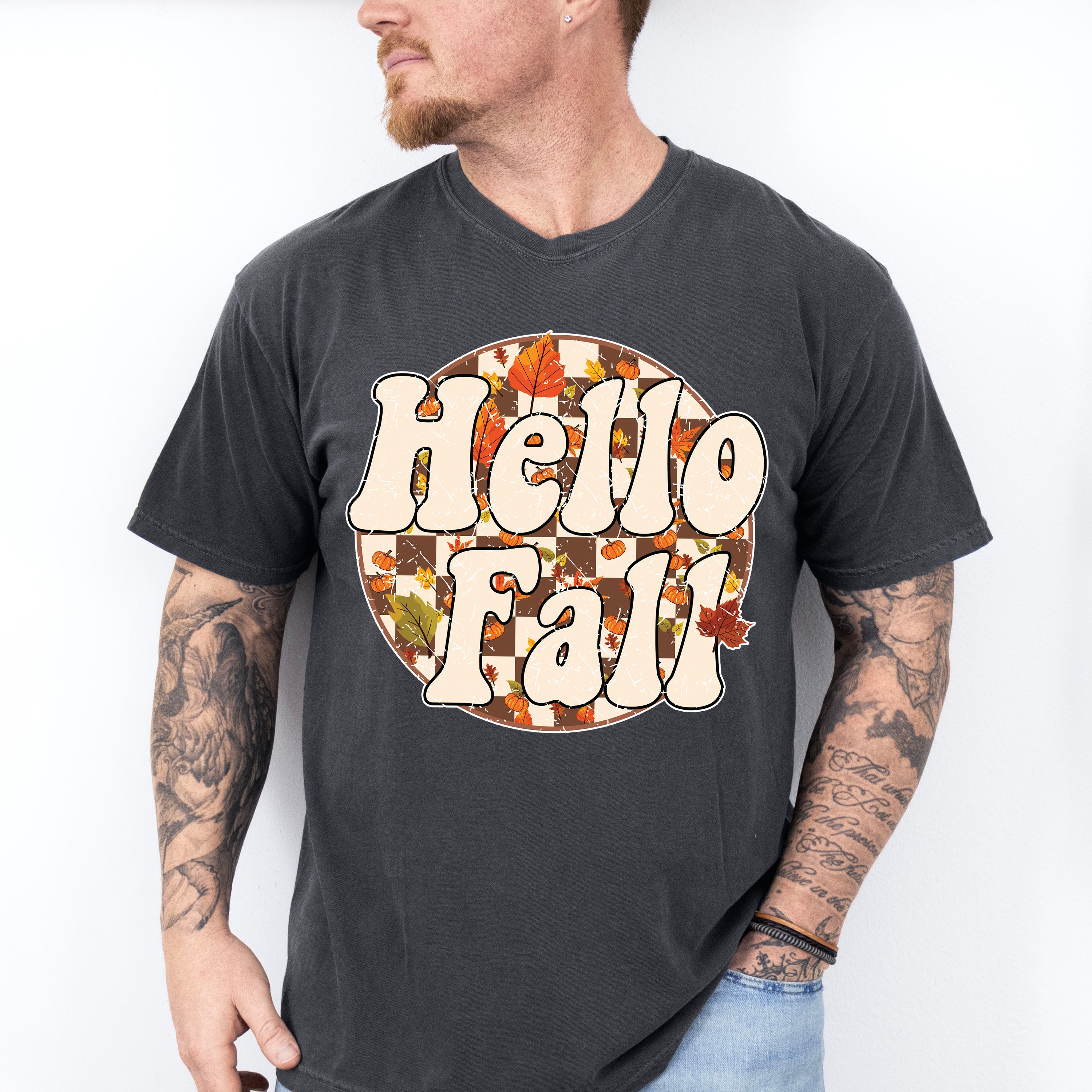 Hello Fall Circular Checkered Design - Fall Unisex Crewneck T-Shirt Sweatshirt Hoodie